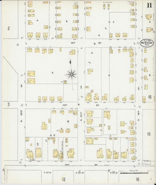 Sanborn Fire Insurance Map from Meridian, Lauderdale County, Mississippi (1906), Sheet #0011 - Historic Sanborn Fire Insurance Map Print, vintage old map wall art, antique decor, genealogy gift, Mississippi Mississippi map