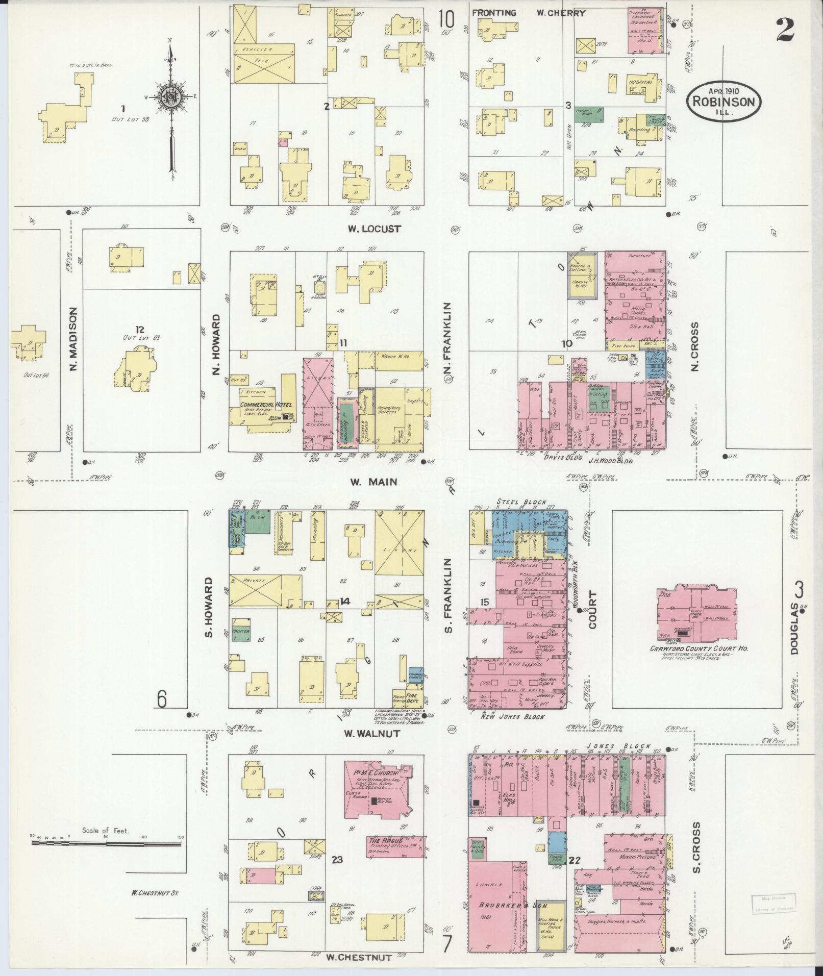 Sanborn Fire Insurance Map from Robinson, Crawford County, Illinois (1910), Sheet #0002 - Complete Map Set gallery image, historic Sanborn map, vintage wall art, Illinois Illinois