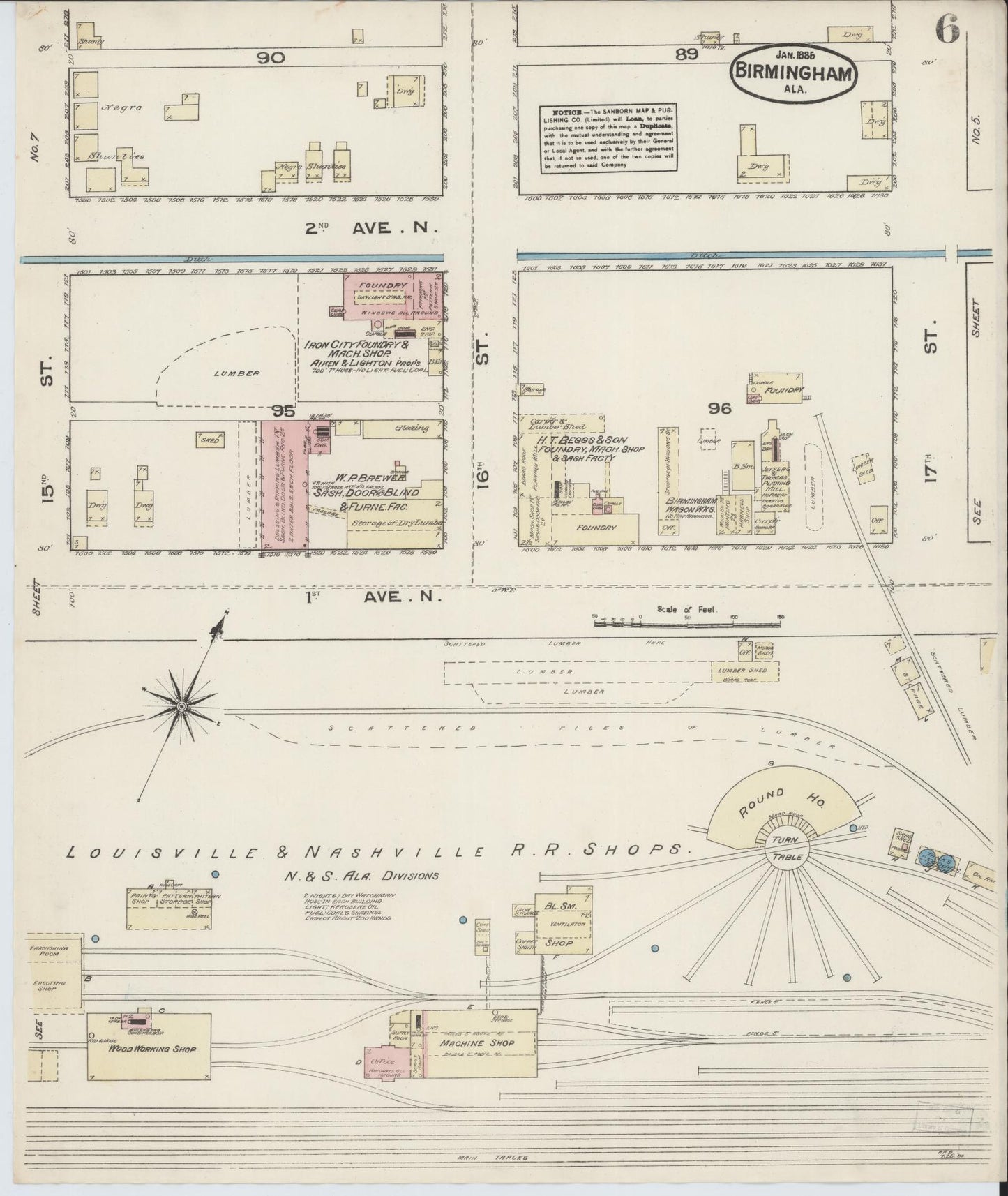 Sanborn Fire Insurance Map from Birmingham, Jefferson County, Alabama (1885), Sheet #0006 - Complete Map Set gallery image, historic Sanborn map, vintage wall art, Alabama Alabama