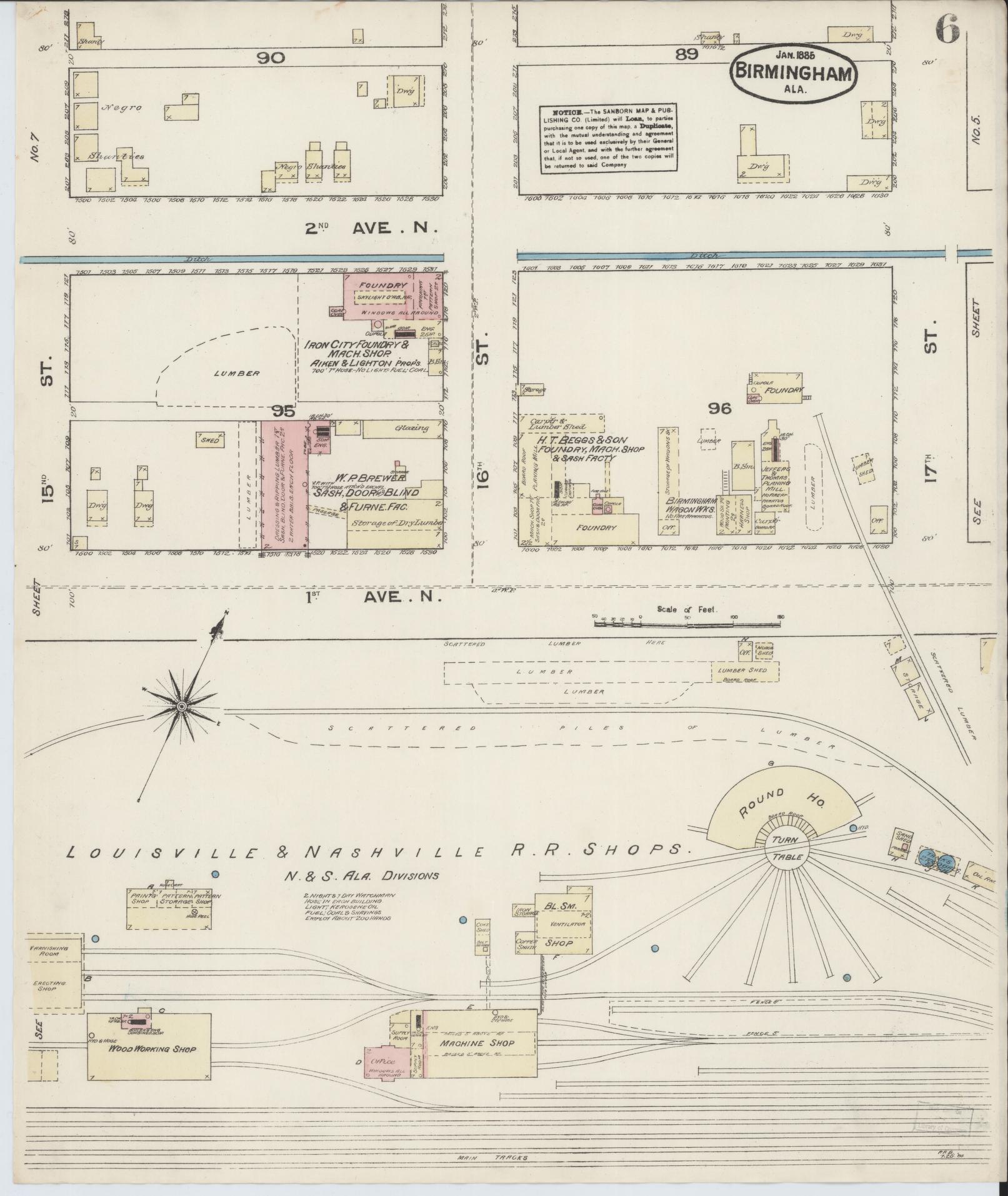 Sanborn Fire Insurance Map from Birmingham, Jefferson County, Alabama (1885), Sheet #0006 - Complete Map Set gallery image, historic Sanborn map, vintage wall art, Alabama Alabama