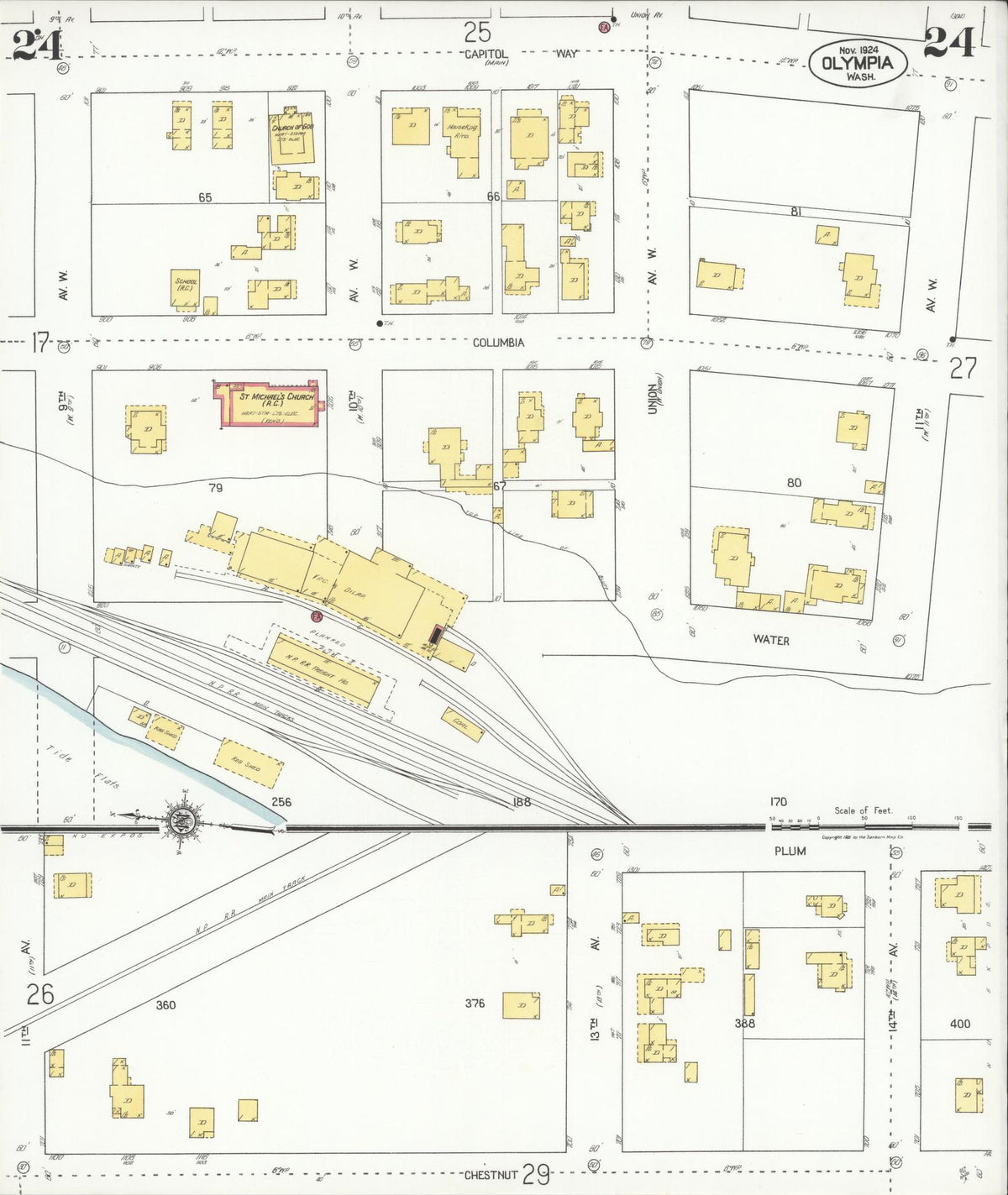 Sanborn Fire Insurance Map from Olympia, Thurston County, Washington (1924), Sheet #0024 - Historic Sanborn Fire Insurance Map Print, vintage old map wall art, antique decor, genealogy gift, Washington Washington map