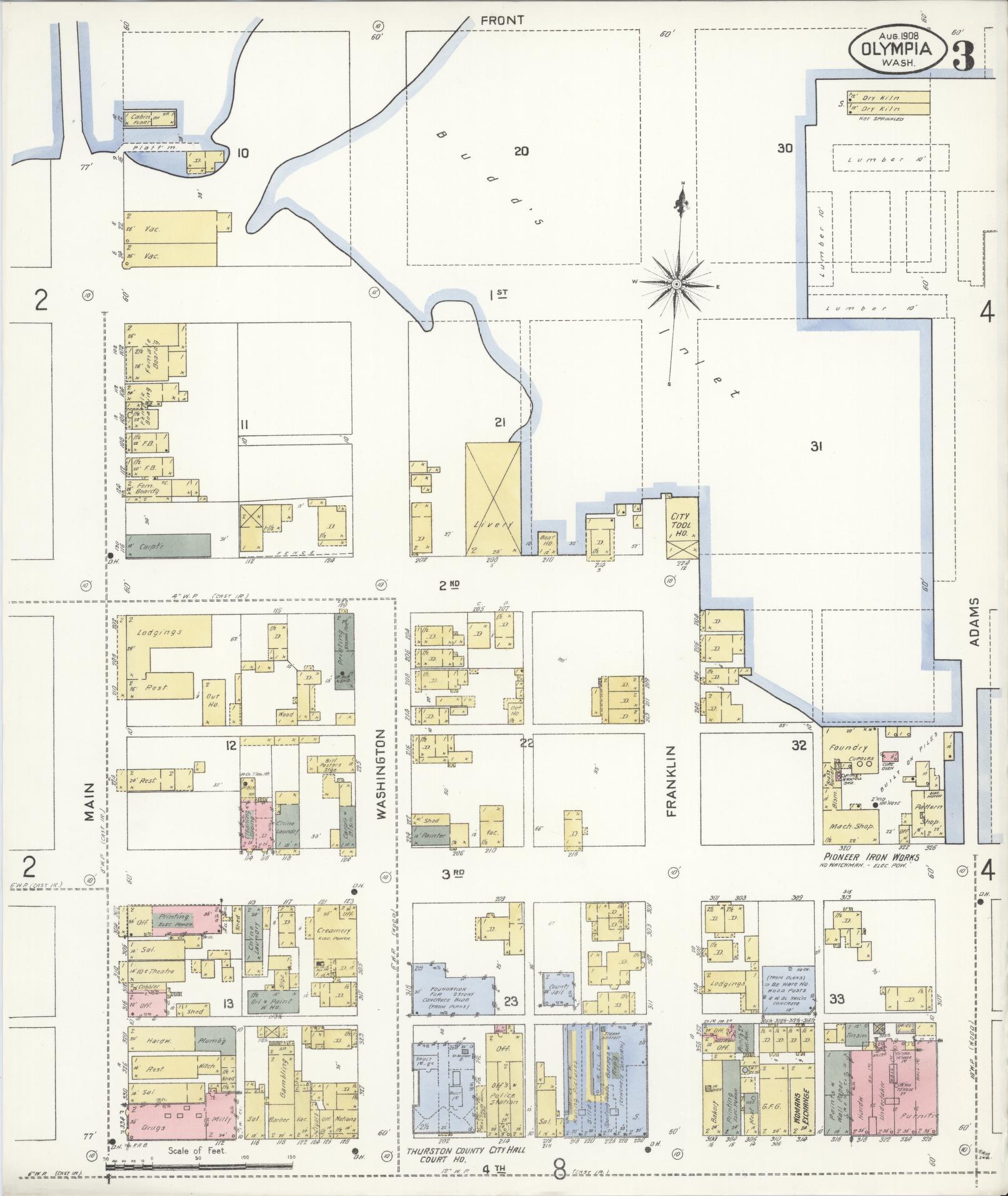 Sanborn Fire Insurance Map from Olympia, Thurston County, Washington (1908), Sheet #0003 - Complete Map Set gallery image, historic Sanborn map, vintage wall art, Washington Washington