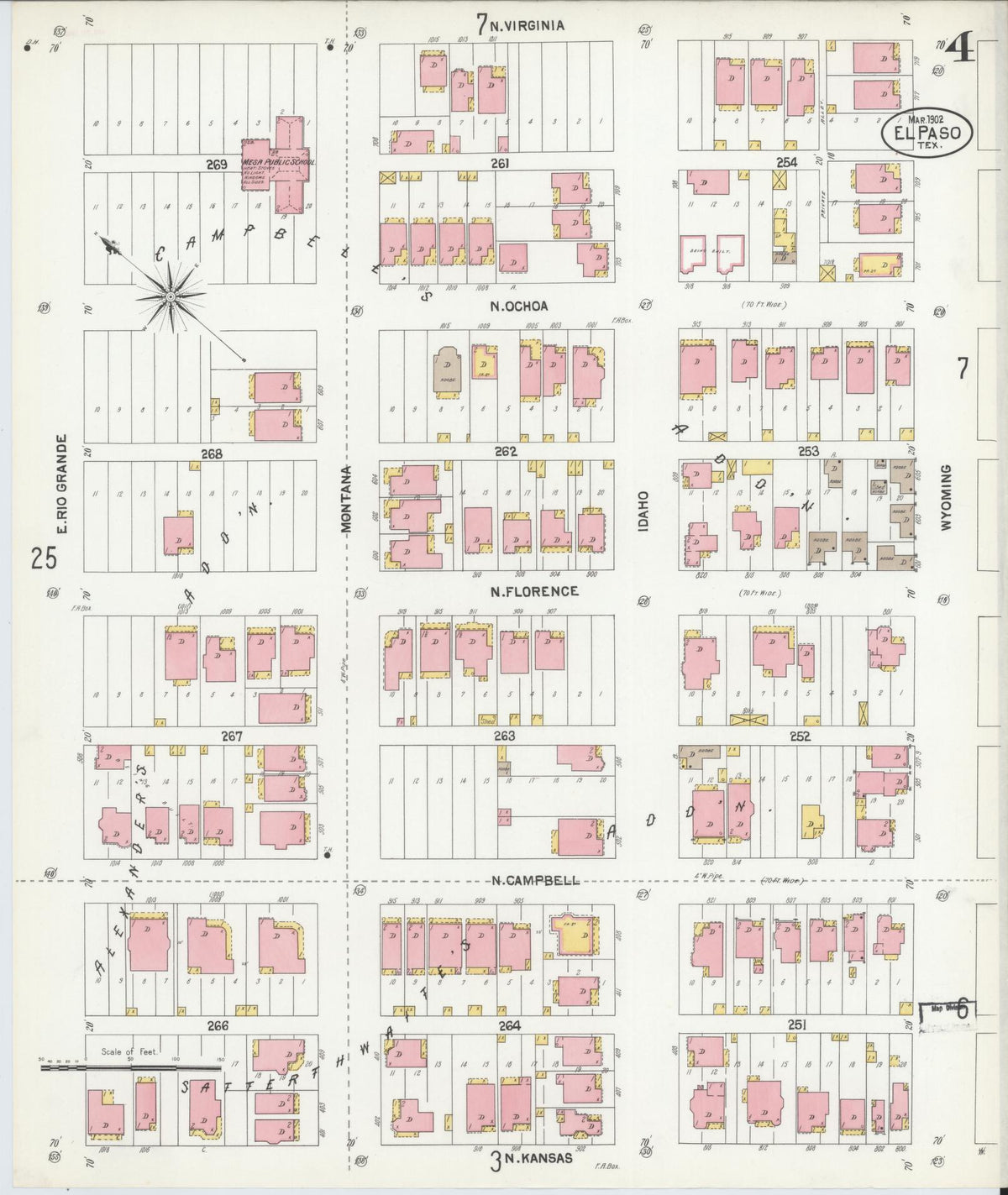 Sanborn Fire Insurance Map from El Paso, El Paso County, Texas (1902), Sheet #0004 - Historic Sanborn Fire Insurance Map Print, vintage old map wall art, antique decor, genealogy gift, Texas Texas map