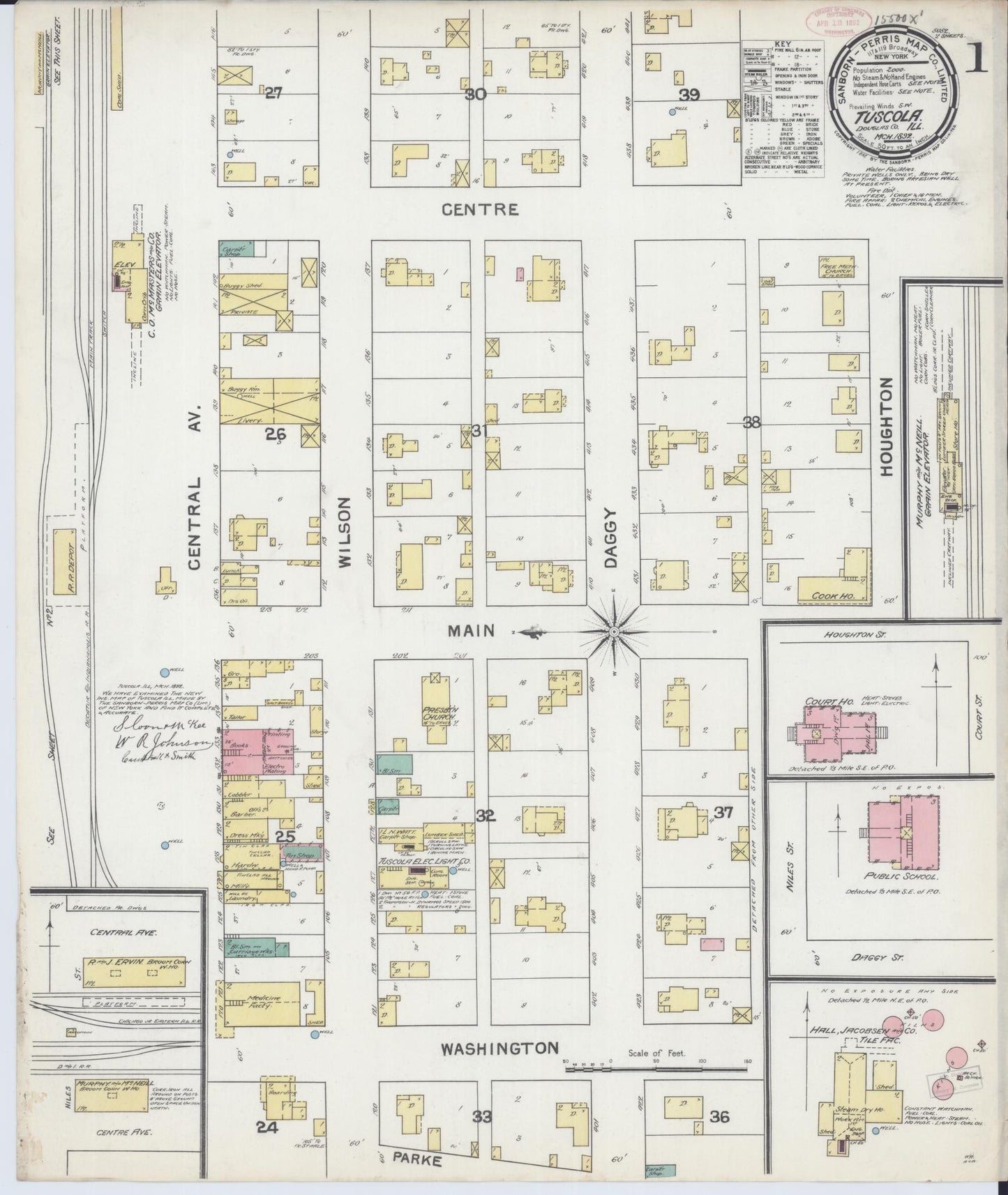 Sanborn Fire Insurance Map from Tuscola, Douglas County, Illinois (1892), Sheet #0001 - Complete Map Set gallery image, historic Sanborn map, vintage wall art, Illinois Illinois