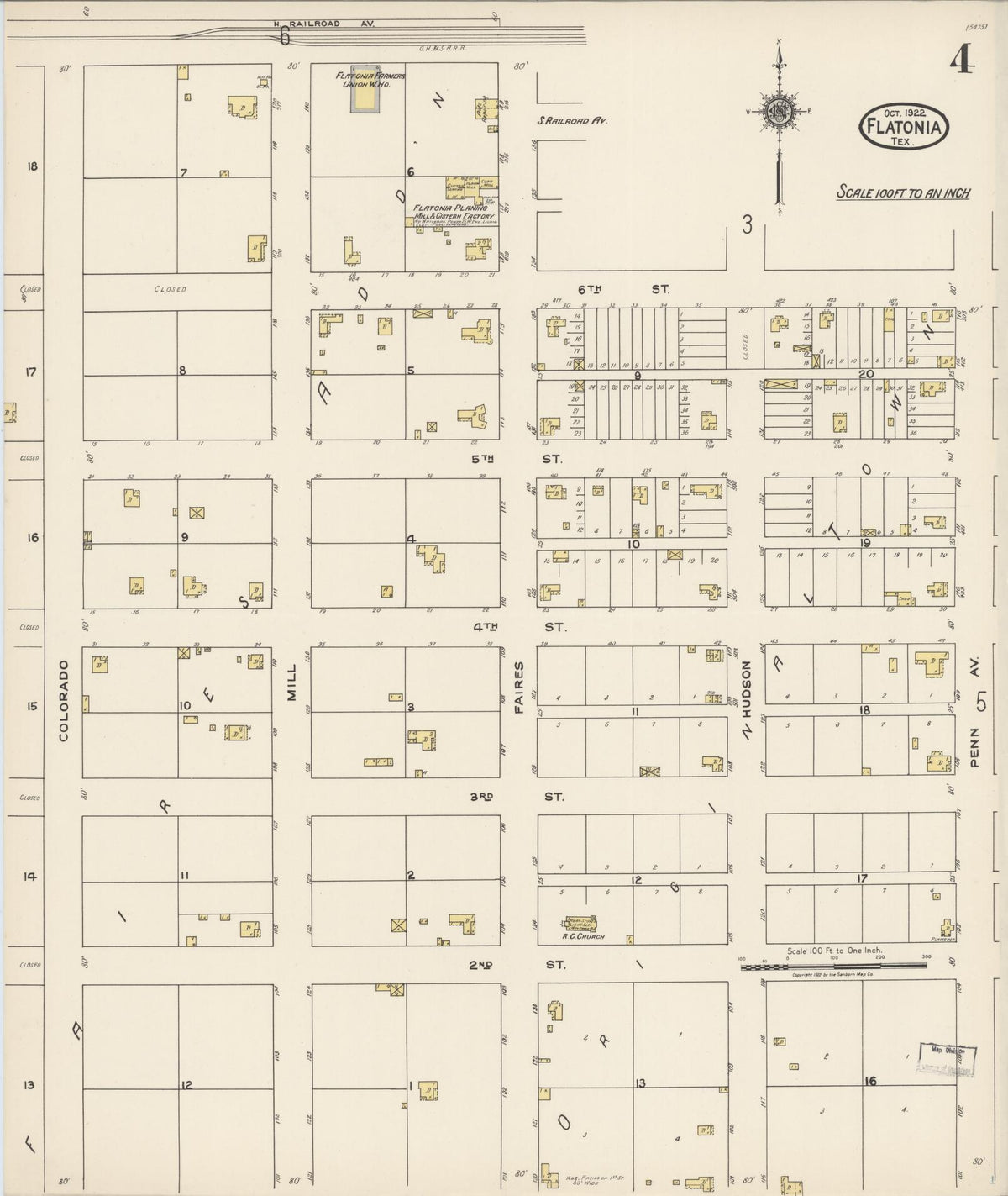 Sanborn Fire Insurance Map from Flatonia, Fayette County, Texas (1922), Sheet #0004 - Complete Map Set gallery image, historic Sanborn map, vintage wall art, Texas Texas