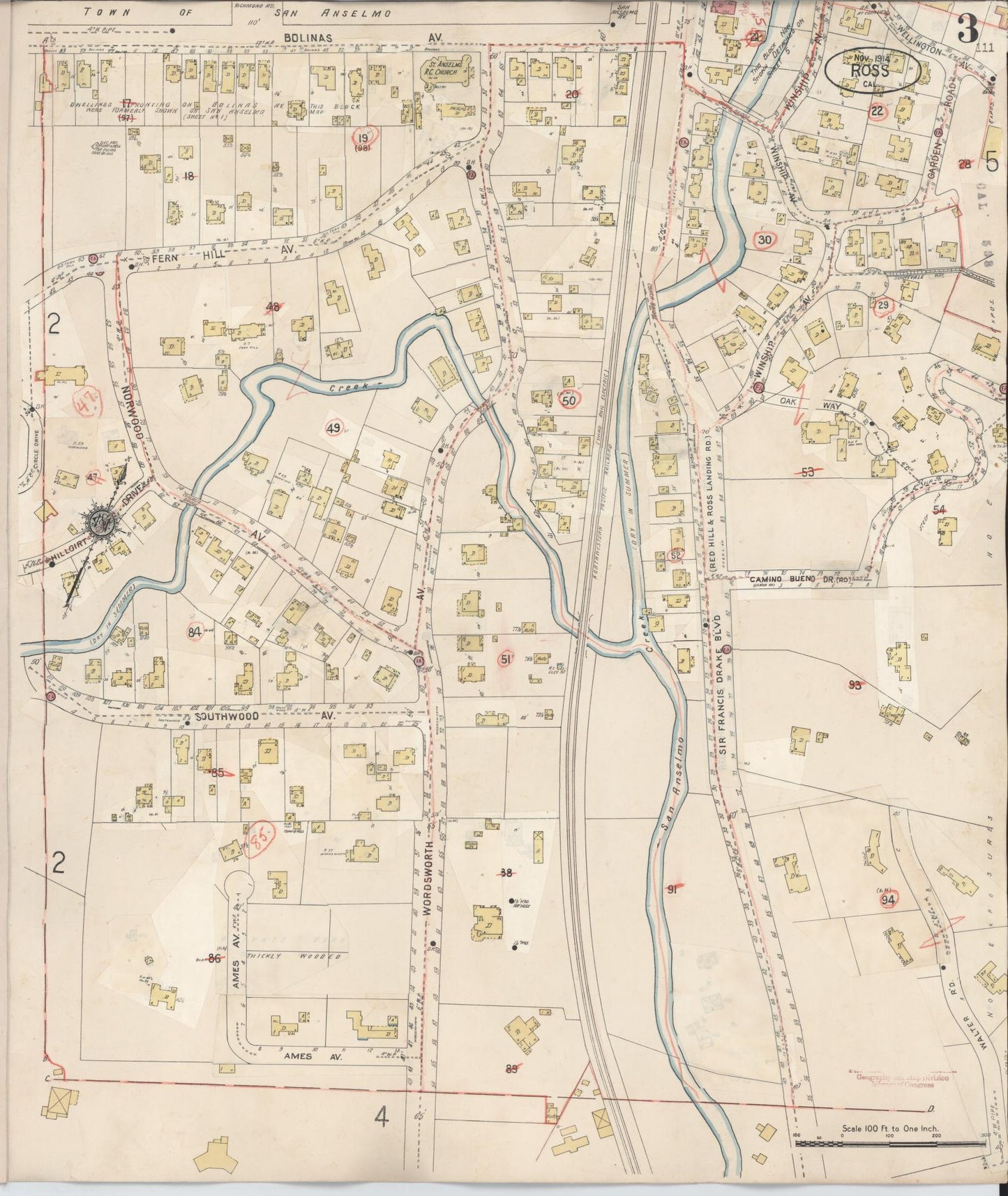 Sanborn Fire Insurance Map from Ross, Marin County, California (1942), Sheet #0003 - Complete Map Set gallery image, historic Sanborn map, vintage wall art, California California