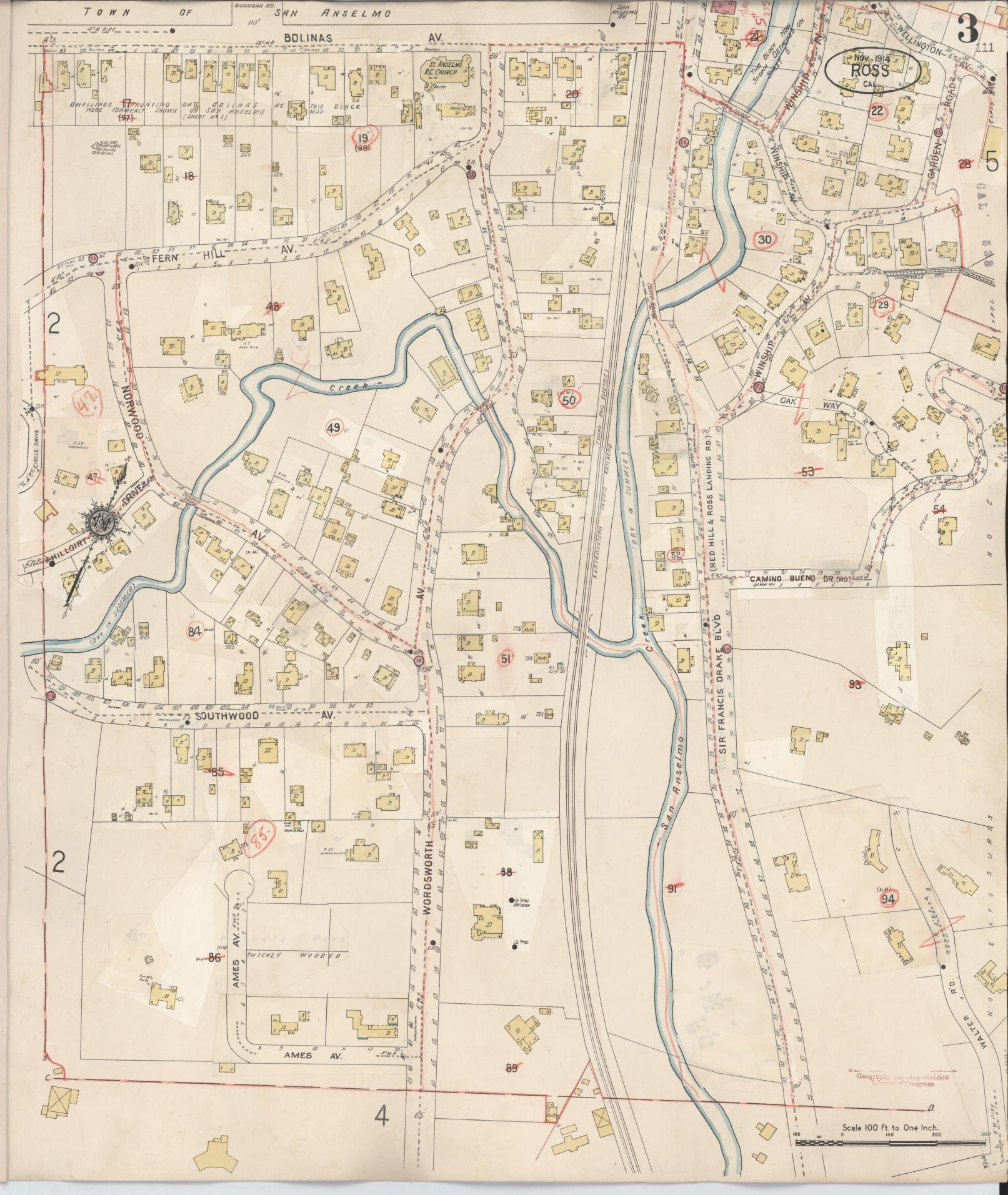 Sanborn Fire Insurance Map from Ross, Marin County, California (1942), Sheet #0003 - Complete Map Set gallery image, historic Sanborn map, vintage wall art, California California
