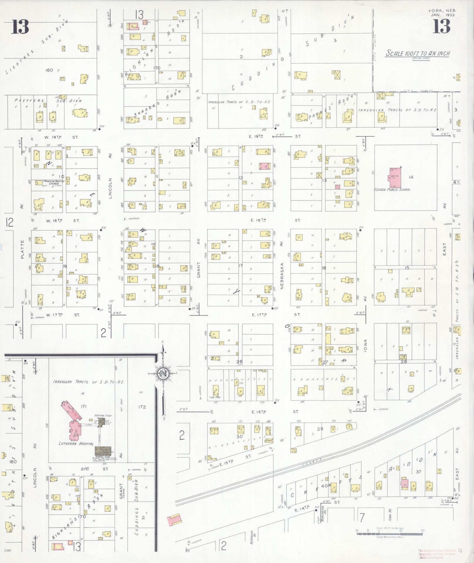 Sanborn Fire Insurance Map from York, York County, Nebraska (1933), Sheet #0013 - Complete Map Set gallery image, historic Sanborn map, vintage wall art, Nebraska Nebraska