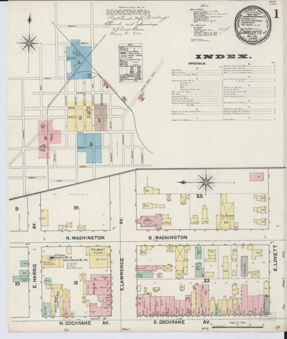 Sanborn Fire Insurance Map from Charlotte, Eaton County, Michigan (1890), Sheet #0001 - Complete Map Set gallery image, historic Sanborn map, vintage wall art, Michigan Michigan