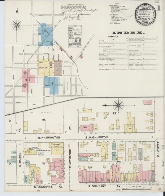 Sanborn Fire Insurance Map from Charlotte, Eaton County, Michigan (1890), Sheet #0001 - Complete Map Set gallery image, historic Sanborn map, vintage wall art, Michigan Michigan