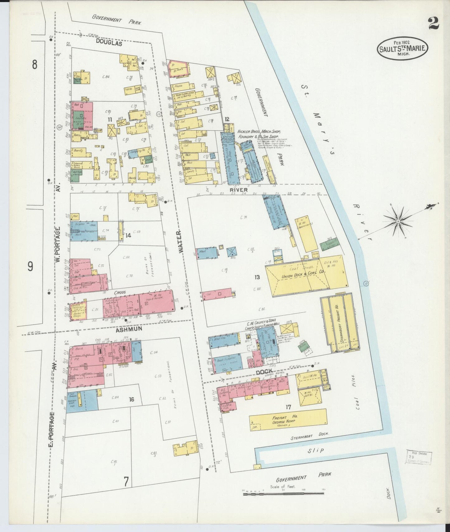 Sanborn Fire Insurance Map from Sault Sainte Marie, Chippewa County, Michigan (1902), Sheet #0002 - Historic Sanborn Fire Insurance Map Print, vintage old map wall art, antique decor, genealogy gift, Michigan Michigan map