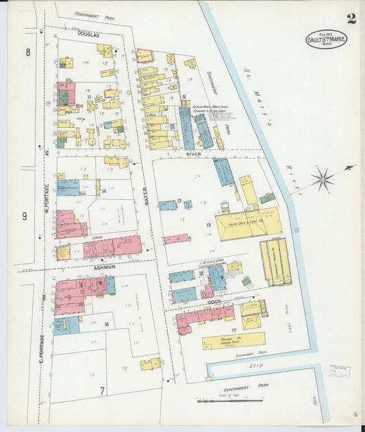 Sanborn Fire Insurance Map from Sault Sainte Marie, Chippewa County, Michigan (1902), Sheet #0002 - Historic Sanborn Fire Insurance Map Print, vintage old map wall art, antique decor, genealogy gift, Michigan Michigan map