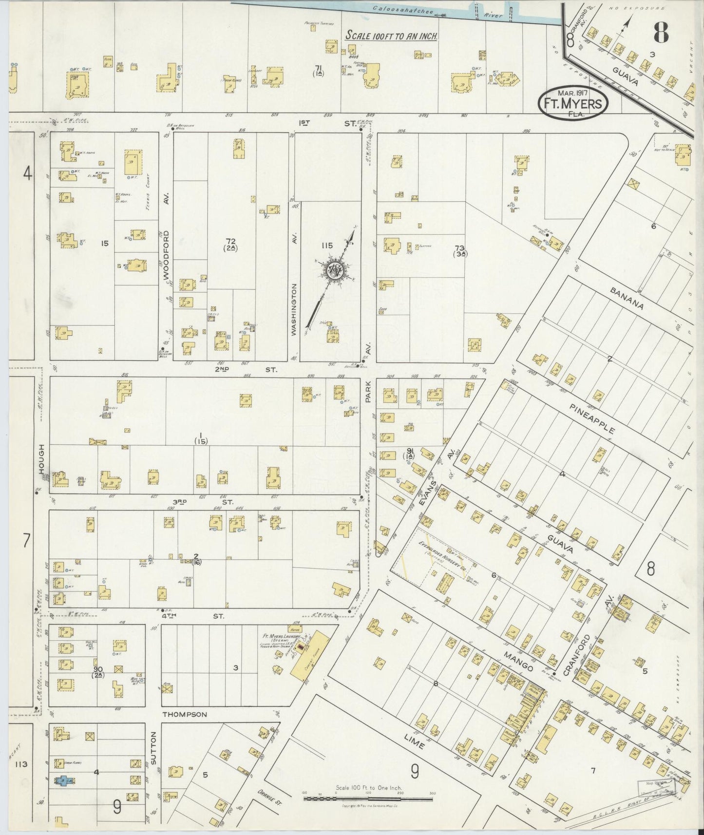 Sanborn Fire Insurance Map from Fort Myers, Lee County, Florida (1917), Sheet #0008 - Complete Map Set gallery image, historic Sanborn map, vintage wall art, Florida Florida