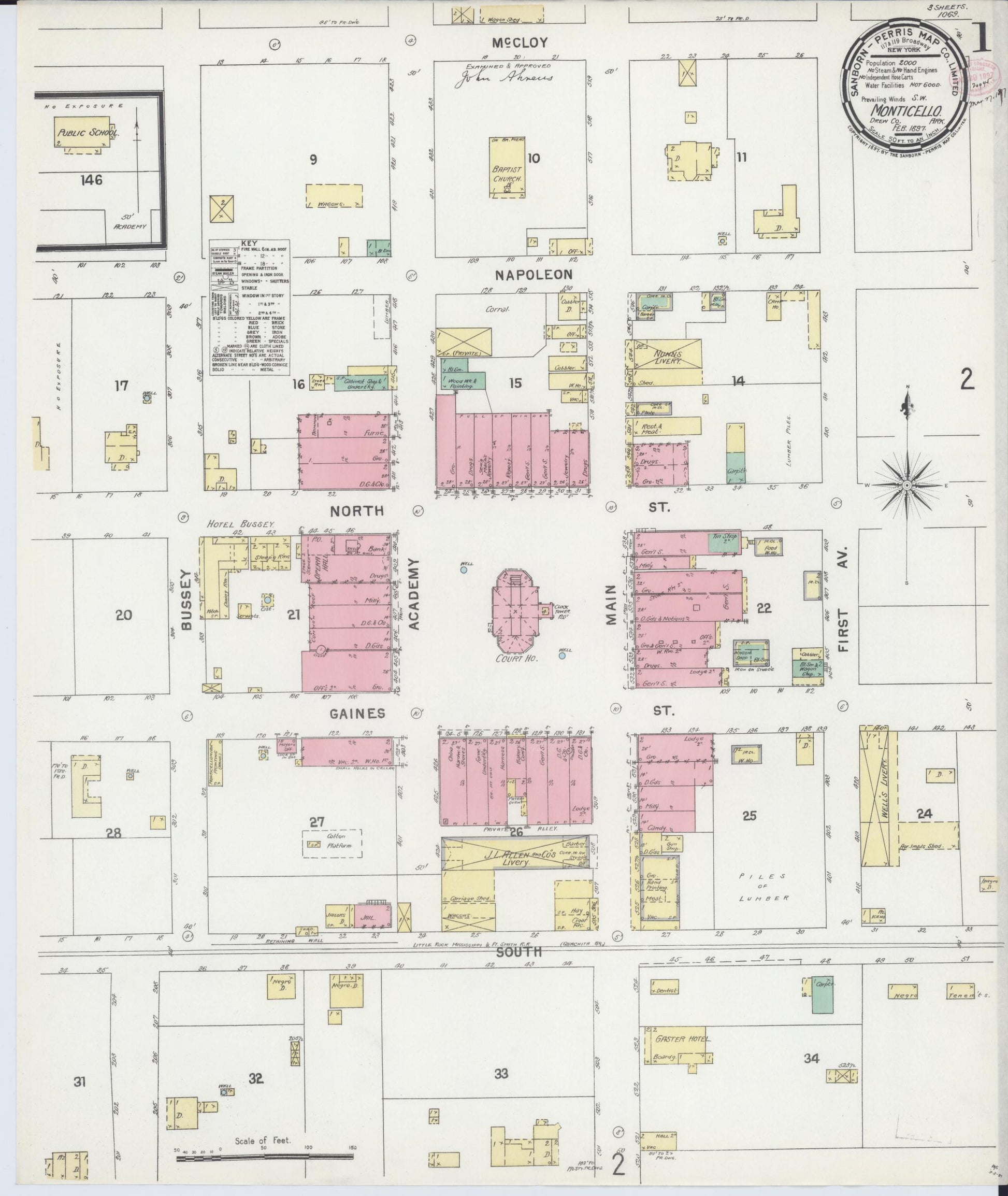 Sanborn Fire Insurance Map from Monticello, Drew County, Arkansas (1897), Sheet #0001 - Historic Sanborn Fire Insurance Map Print, vintage old map wall art, antique decor, genealogy gift, Arkansas Arkansas map