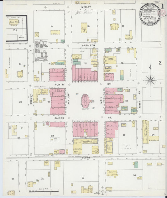 Sanborn Fire Insurance Map from Monticello, Drew County, Arkansas (1897), Sheet #0001 - Historic Sanborn Fire Insurance Map Print, vintage old map wall art, antique decor, genealogy gift, Arkansas Arkansas map