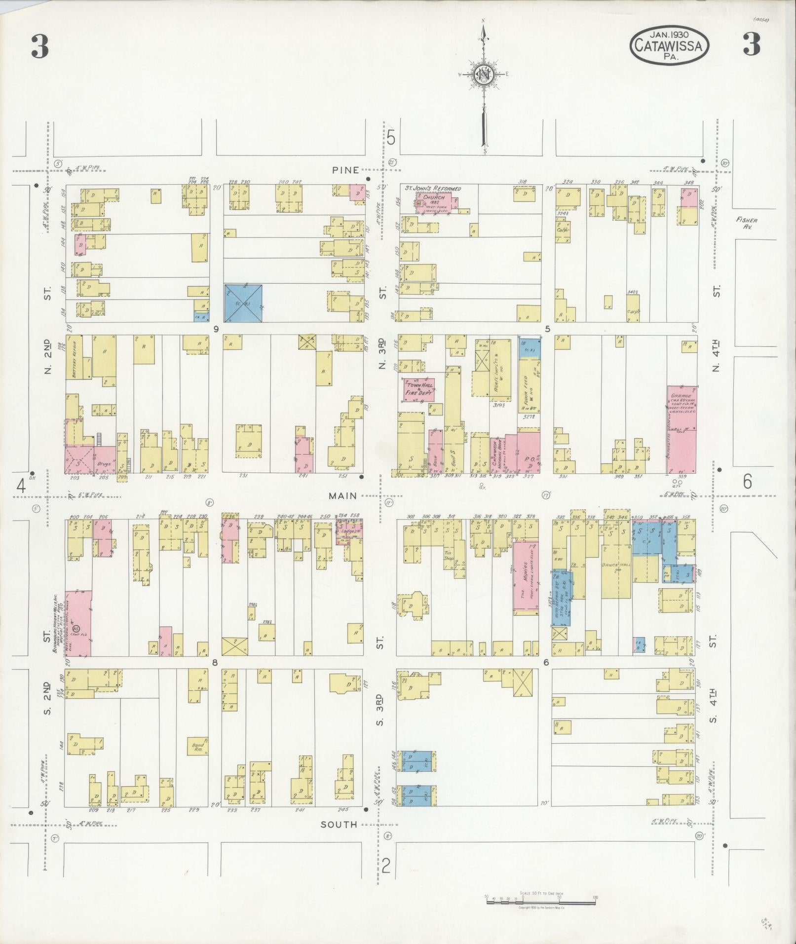 Sanborn Fire Insurance Map from Catawissa, Columbia County, Pennsylvania (1930), Sheet #0003 - Historic Sanborn Fire Insurance Map Print, vintage old map wall art, antique decor, genealogy gift, Pennsylvania Pennsylvania map