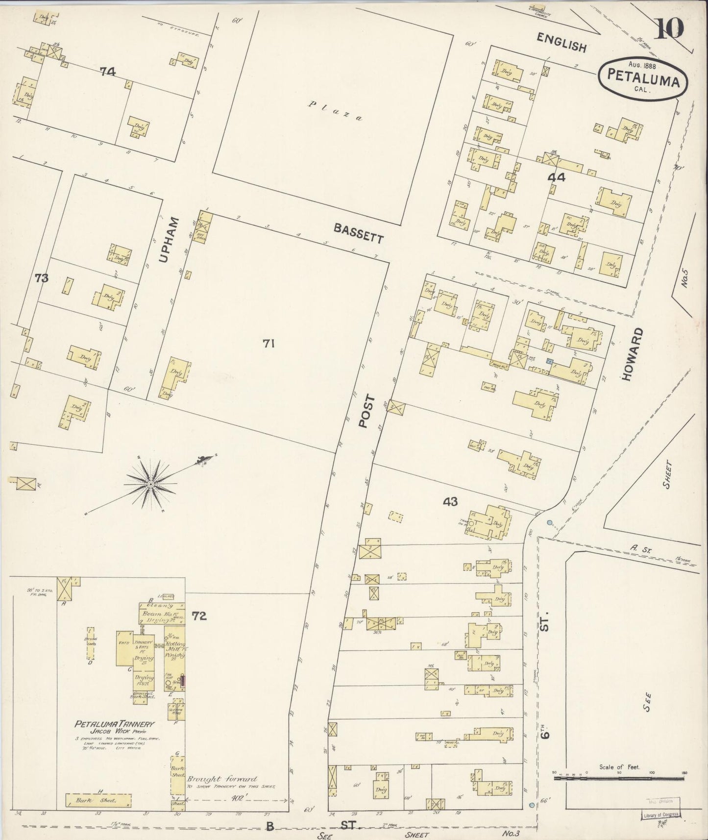 Sanborn Fire Insurance Map from Petaluma, Sonoma County, California (1888), Sheet #0010 - Complete Map Set gallery image, historic Sanborn map, vintage wall art, California California