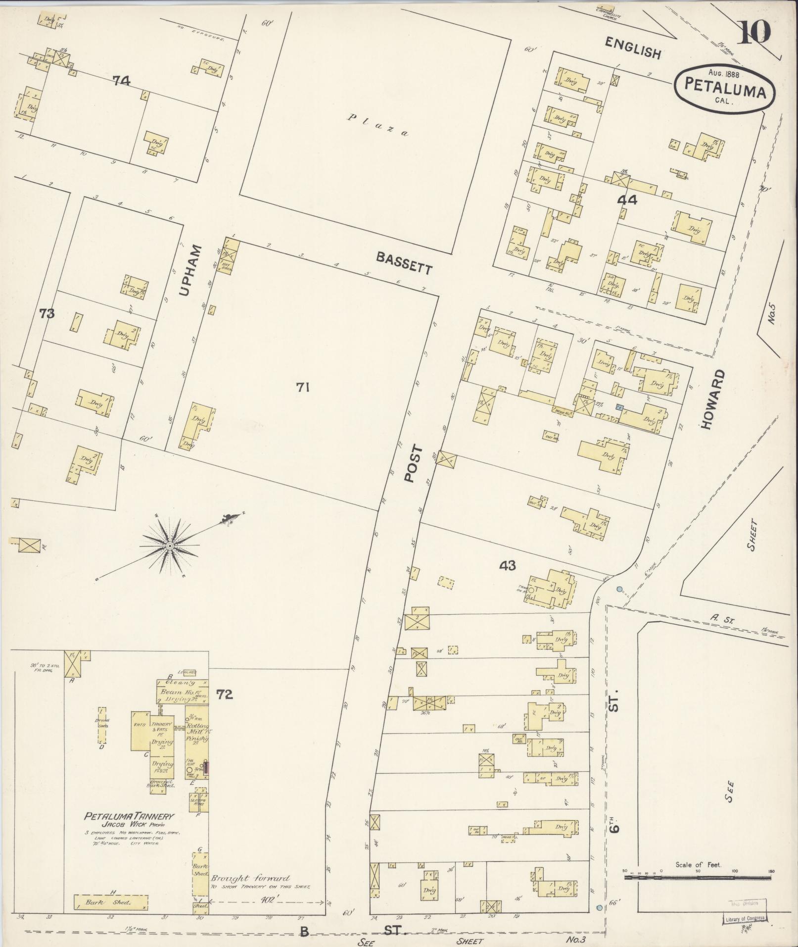 Sanborn Fire Insurance Map from Petaluma, Sonoma County, California (1888), Sheet #0010 - Complete Map Set gallery image, historic Sanborn map, vintage wall art, California California