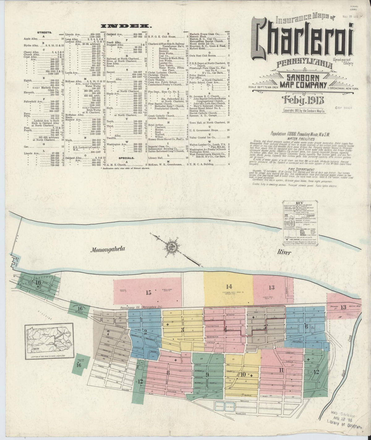 Sanborn Fire Insurance Map from Charleroi, Washington County, Pennsylvania (1913), Sheet #0001 - Complete Map Set gallery image, historic Sanborn map, vintage wall art, Pennsylvania Pennsylvania