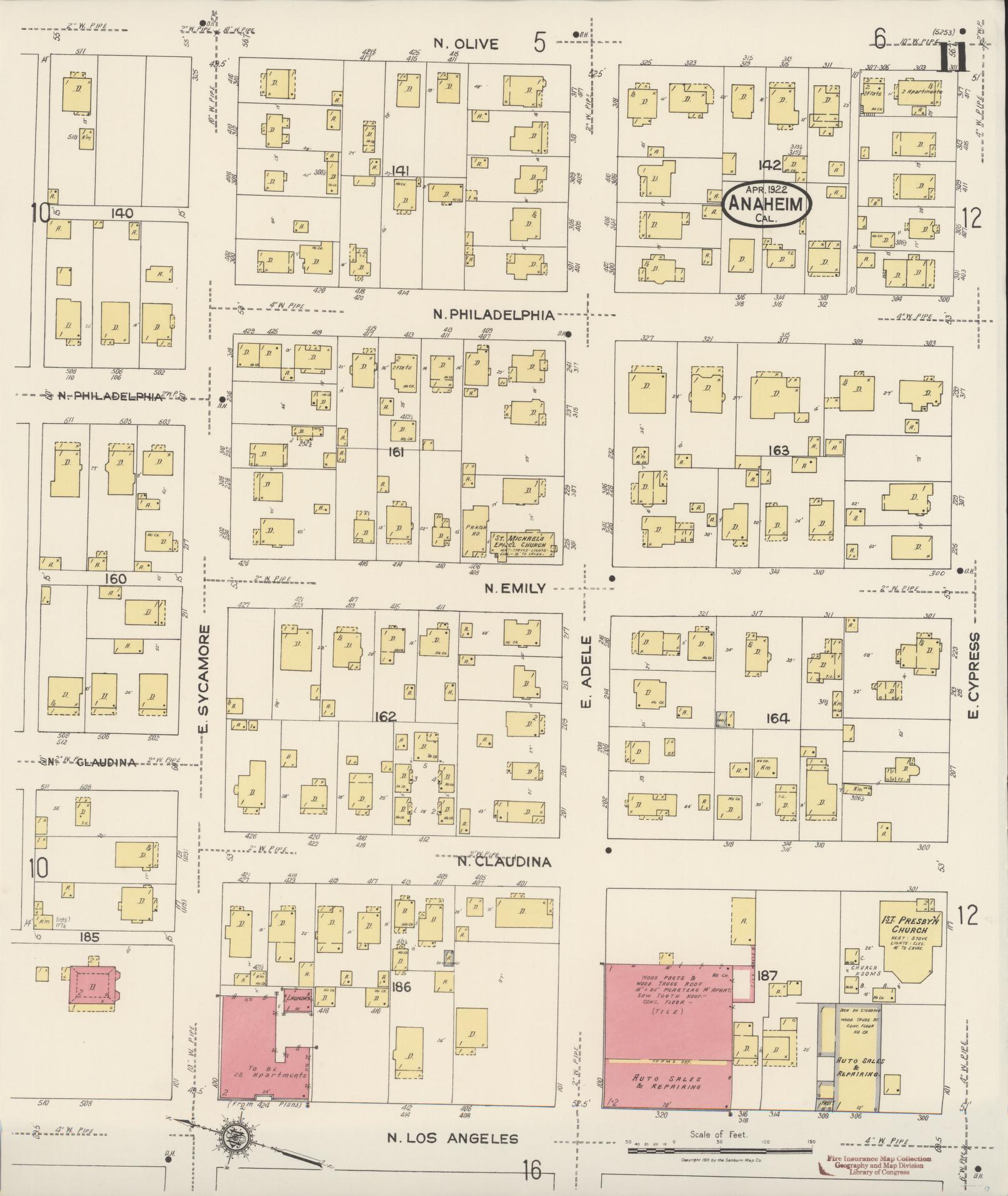 Sanborn Fire Insurance Map from Anaheim, Orange County, California (1922), Sheet #0011 - Historic Sanborn Fire Insurance Map Print, vintage old map wall art, antique decor, genealogy gift, California California map