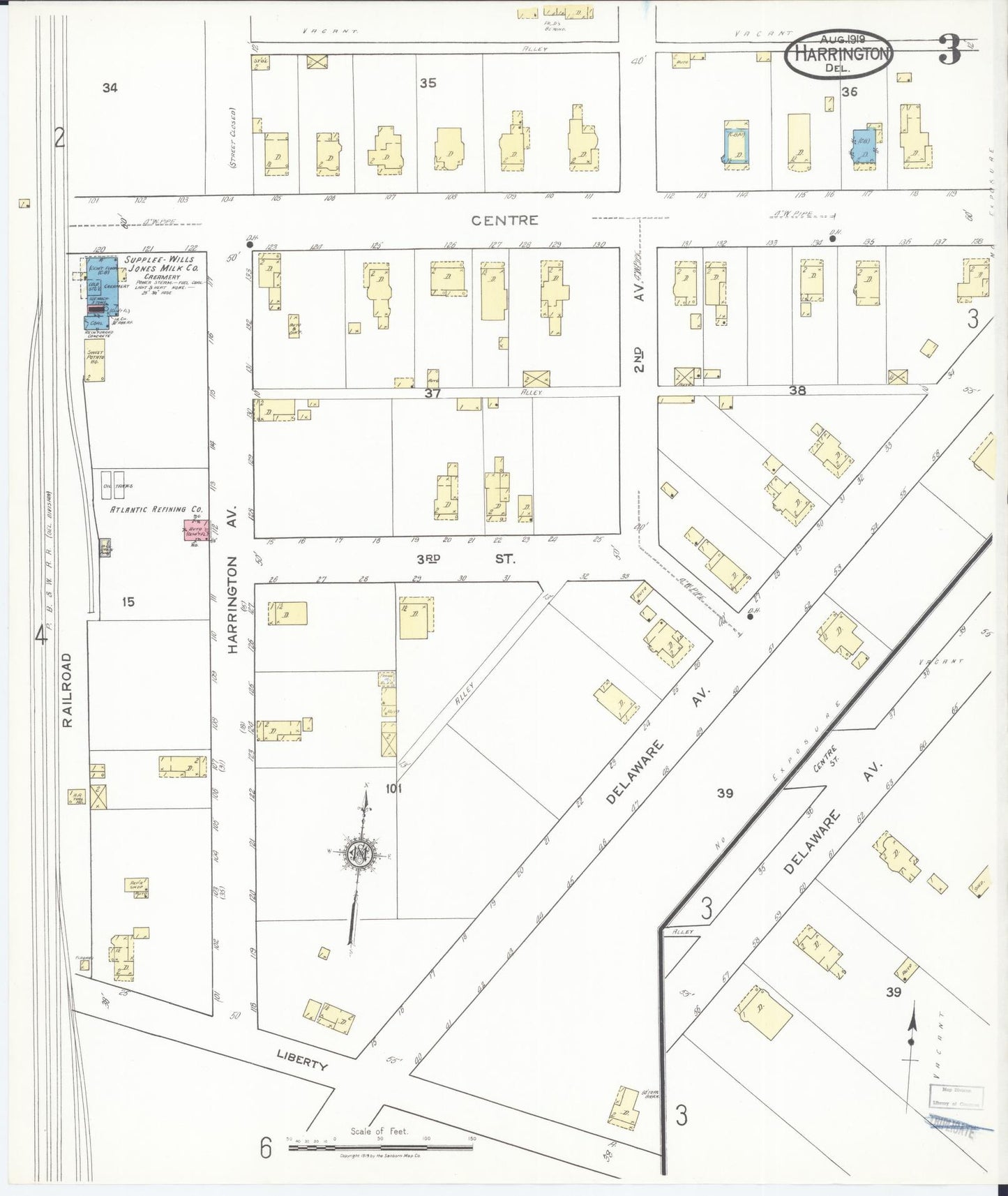 Sanborn Fire Insurance Map from Harrington, Kent County, Delaware (1919), Sheet #0003 - Complete Map Set gallery image, historic Sanborn map, vintage wall art, Delaware Delaware