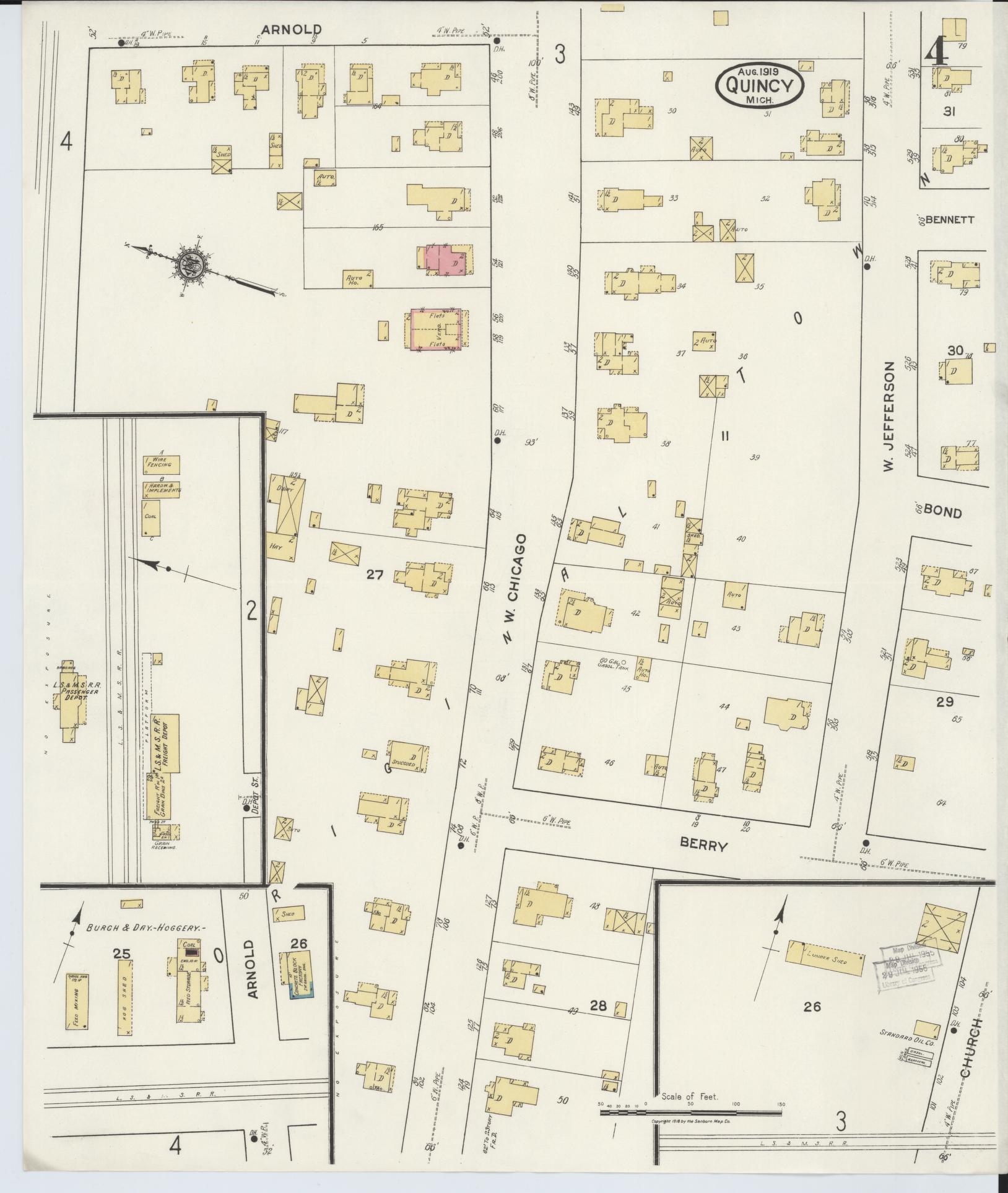 Sanborn Fire Insurance Map from Quincy, Branch County, Michigan (1919), Sheet #0004 - Historic Sanborn Fire Insurance Map Print, vintage old map wall art, antique decor, genealogy gift, Michigan Michigan map