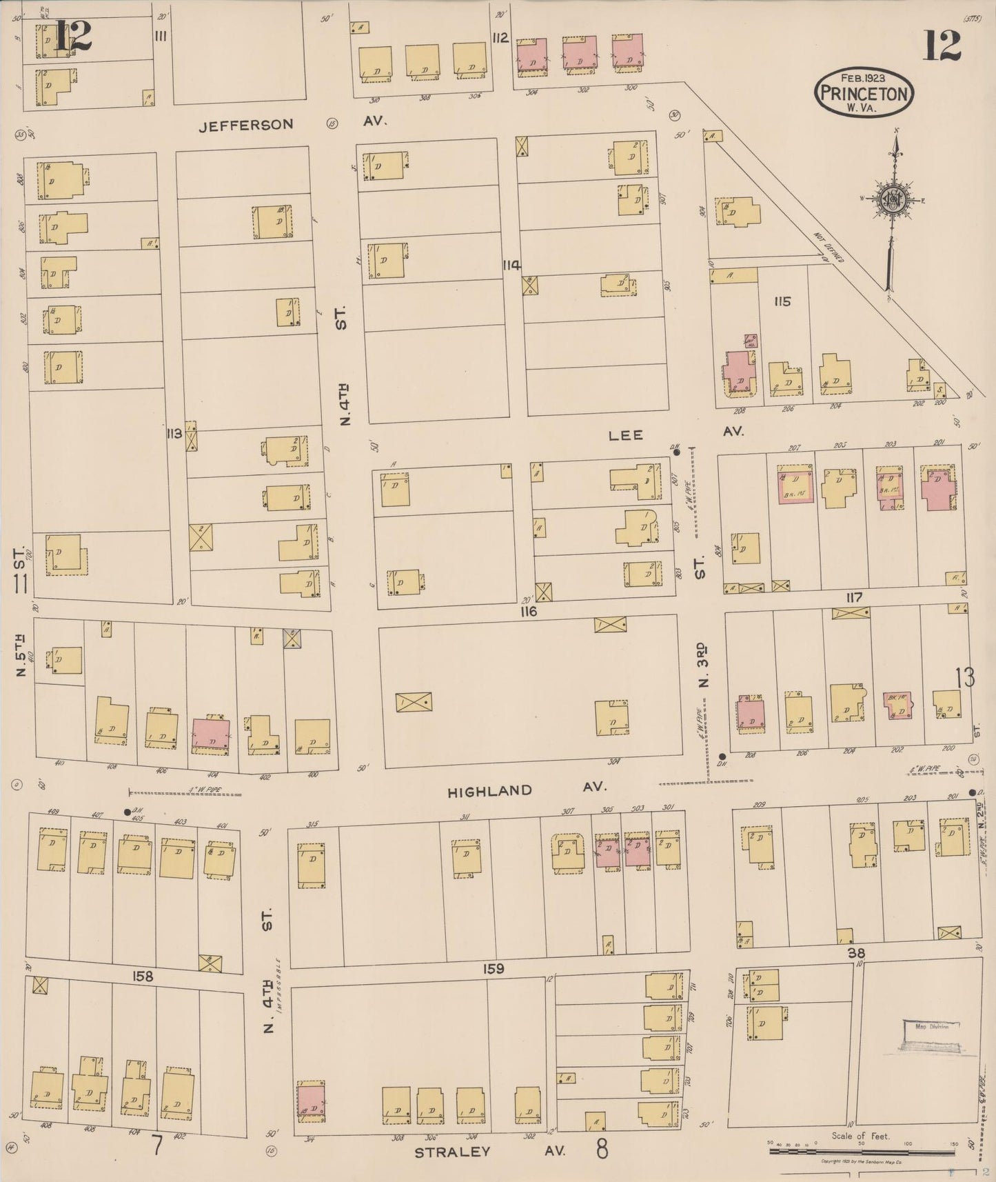 Sanborn Fire Insurance Map from Princeton, Mercer County, West Virginia (1923), Sheet #0012 - Complete Map Set gallery image, historic Sanborn map, vintage wall art, West Virginia West Virginia