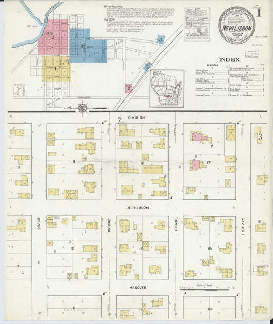 Sanborn Fire Insurance Map from New Lisbon, Juneau County, Wisconsin (1916), Sheet #0001 - Complete Map Set gallery image, historic Sanborn map, vintage wall art, Wisconsin Wisconsin