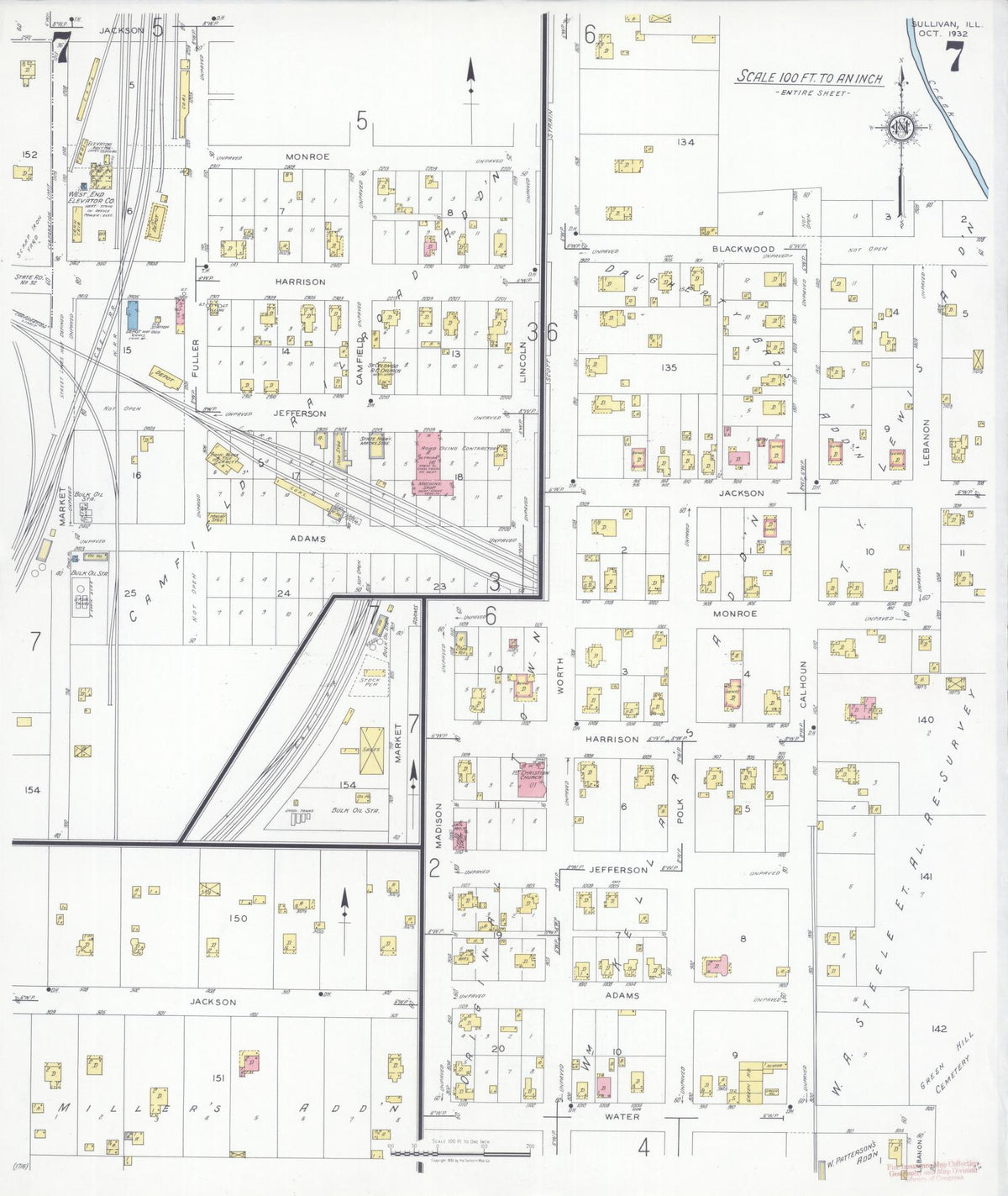 Sanborn Fire Insurance Map from Sullivan, Moultrie County, Illinois (1932), Sheet #0007 - Historic Sanborn Fire Insurance Map Print, vintage old map wall art, antique decor, genealogy gift, Illinois Illinois map