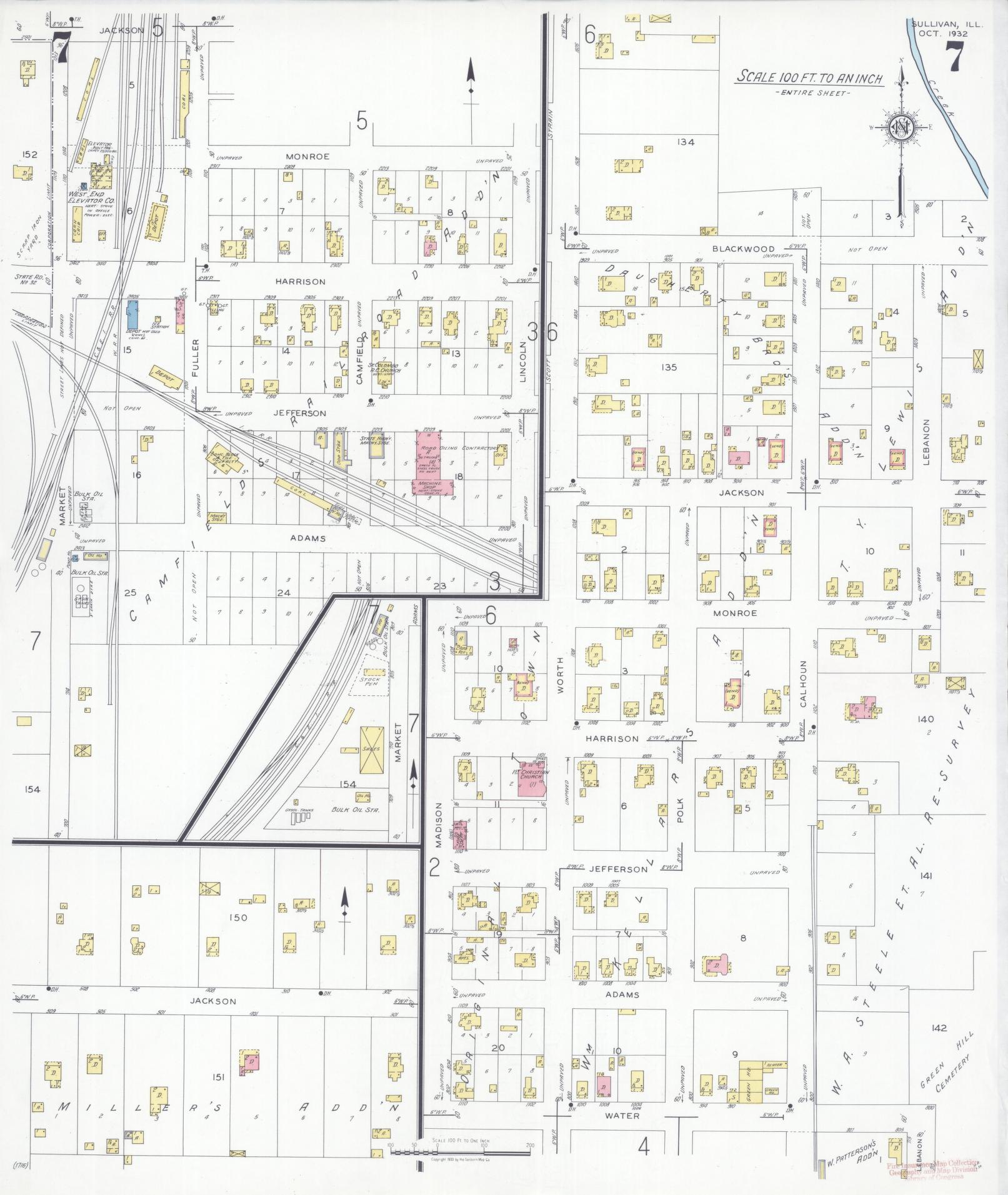 Sanborn Fire Insurance Map from Sullivan, Moultrie County, Illinois (1932), Sheet #0007 - Historic Sanborn Fire Insurance Map Print, vintage old map wall art, antique decor, genealogy gift, Illinois Illinois map