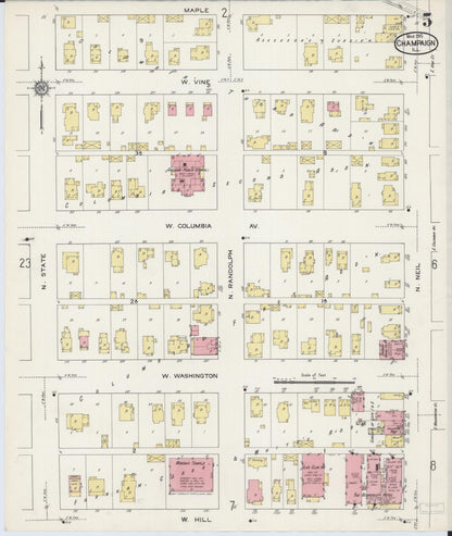 Sanborn Fire Insurance Map from Champaign, Champaign County, Illinois (1915), Sheet #0005 - Historic Sanborn Fire Insurance Map Print, vintage old map wall art, antique decor, genealogy gift, Illinois Illinois map
