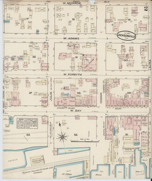 Sanborn Fire Insurance Map from Jacksonville, Duval County, Florida (1884), Sheet #0002 - Historic Sanborn Fire Insurance Map Print, vintage old map wall art, antique decor, genealogy gift, Florida Florida map