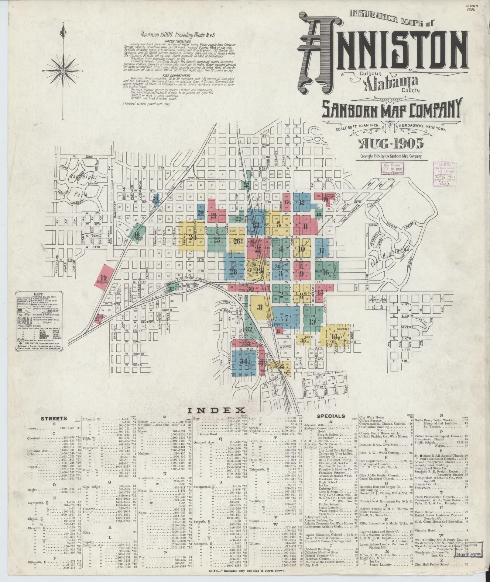 Sanborn Fire Insurance Map from Anniston, Calhoun County, Alabama (1905), Sheet #0001 - Historic Sanborn Fire Insurance Map Print, vintage old map wall art, antique decor, genealogy gift, Alabama Alabama map