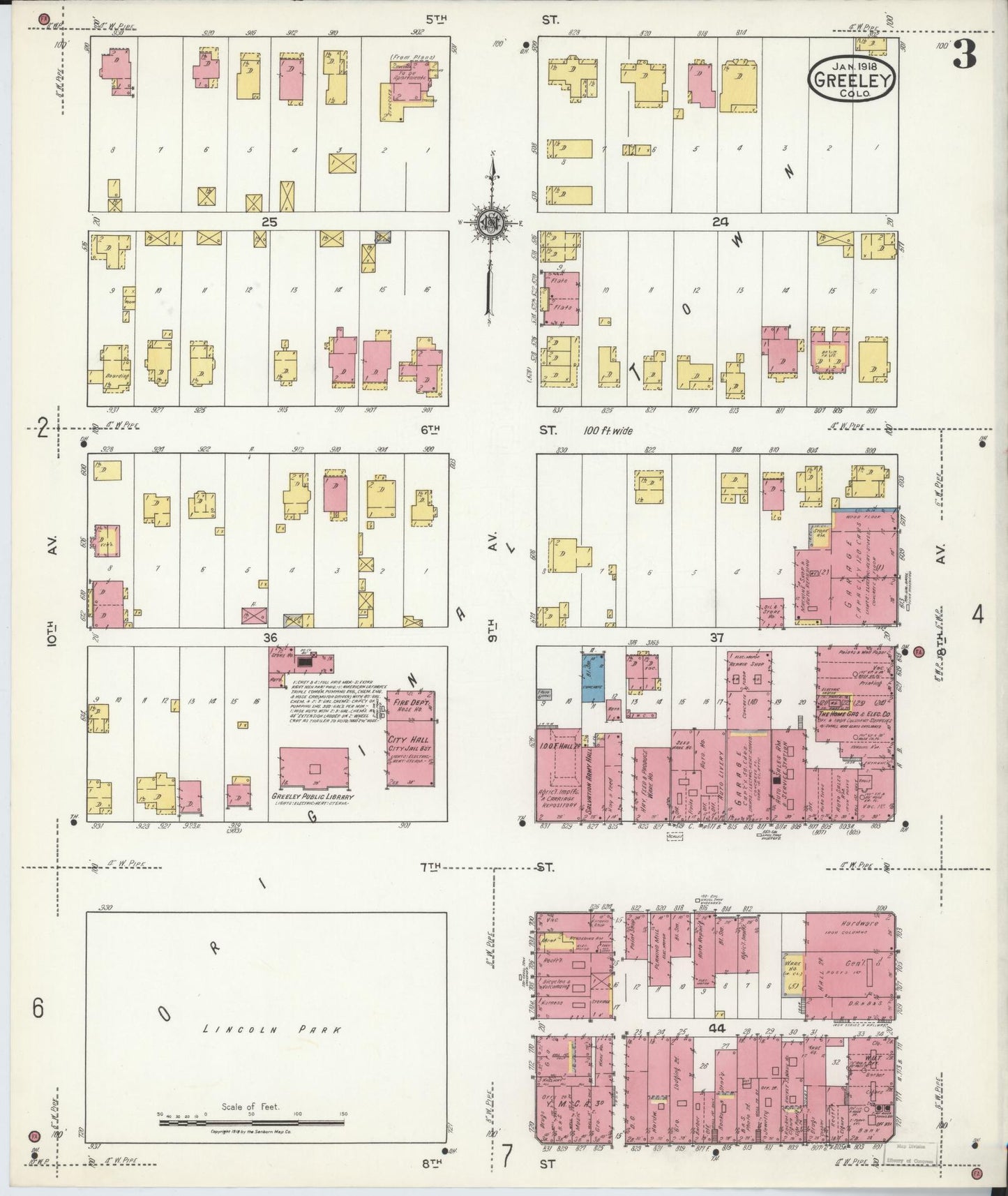 Sanborn Fire Insurance Map from Greeley, Weld County, Colorado (1918), Sheet #0003 - Historic Sanborn Fire Insurance Map Print, vintage old map wall art, antique decor, genealogy gift, Colorado Colorado map