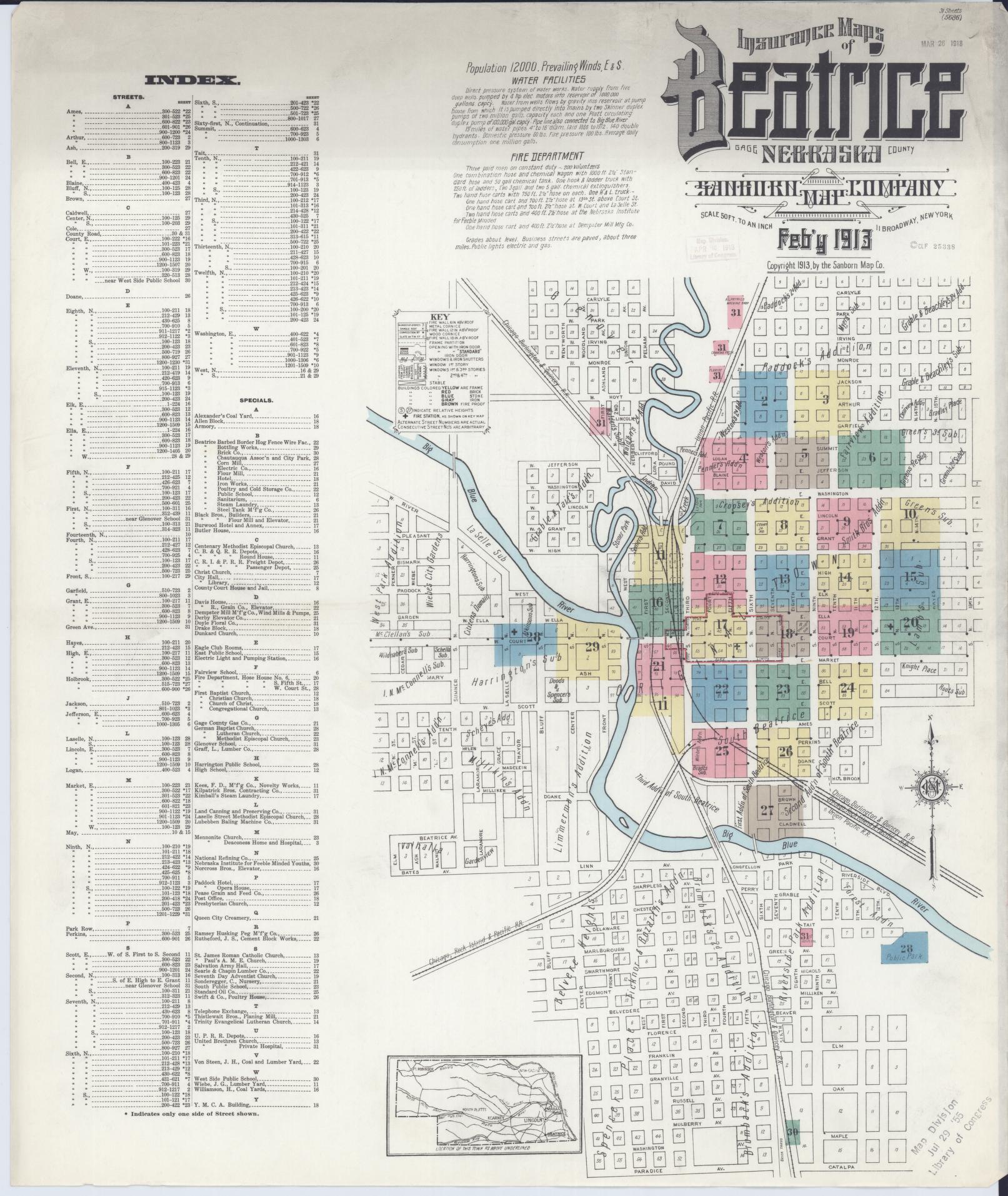 Sanborn Fire Insurance Map from Beatrice, Gage County, Nebraska (1913), Sheet #0001 - Complete Map Set gallery image, historic Sanborn map, vintage wall art, Nebraska Nebraska
