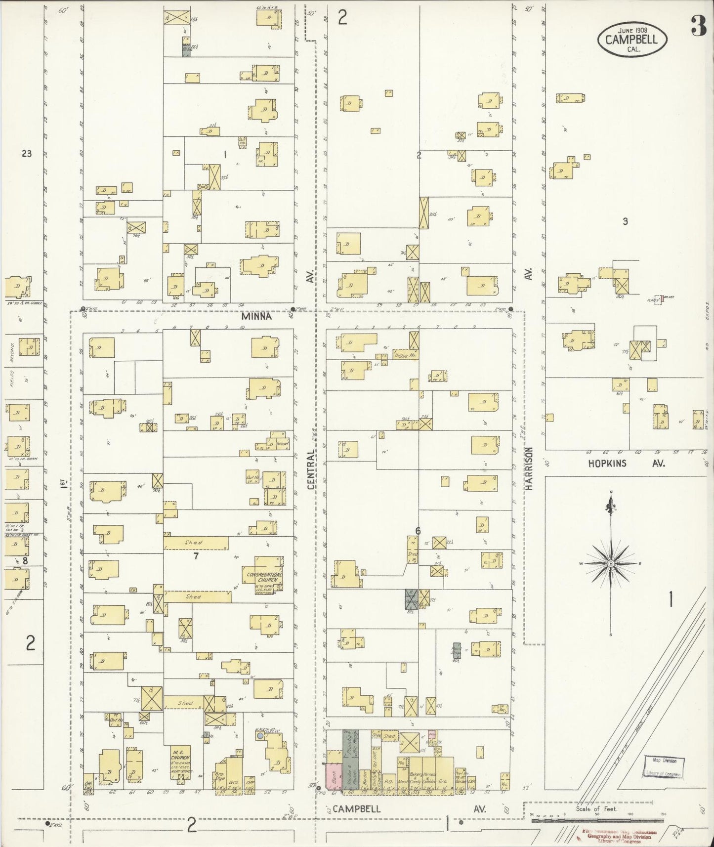 Sanborn Fire Insurance Map from Campbell, Santa Clara County, California (1908), Sheet #0003 - Historic Sanborn Fire Insurance Map Print, vintage old map wall art, antique decor, genealogy gift, California California map