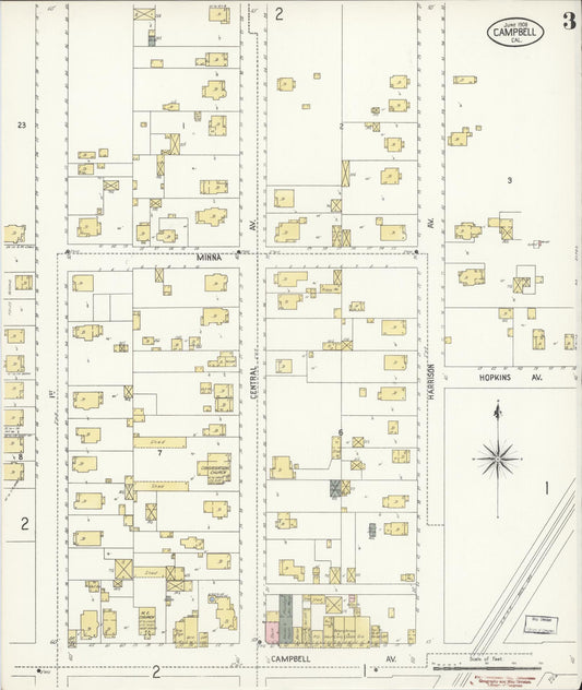 Sanborn Fire Insurance Map from Campbell, Santa Clara County, California (1908), Sheet #0003 - Historic Sanborn Fire Insurance Map Print, vintage old map wall art, antique decor, genealogy gift, California California map