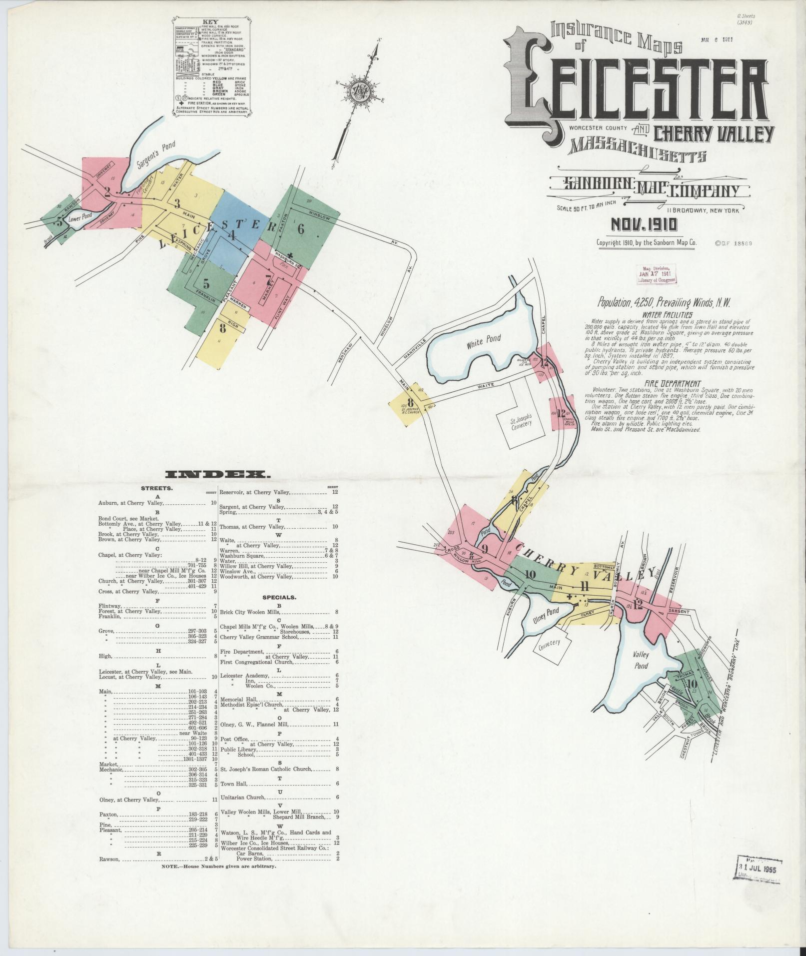 Sanborn Fire Insurance Map from Leicester, Worcester County, Massachusetts (1910), Sheet #0001 - Historic Sanborn Fire Insurance Map Print, vintage old map wall art, antique decor, genealogy gift, Massachusetts Massachusetts map