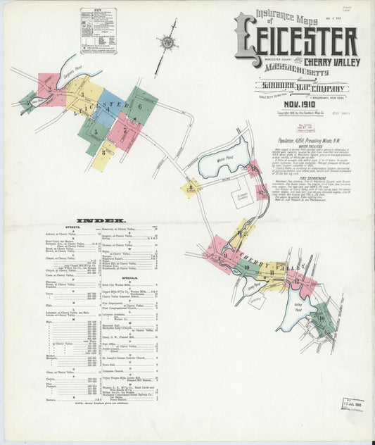 Sanborn Fire Insurance Map from Leicester, Worcester County, Massachusetts (1910), Sheet #0001 - Historic Sanborn Fire Insurance Map Print, vintage old map wall art, antique decor, genealogy gift, Massachusetts Massachusetts map