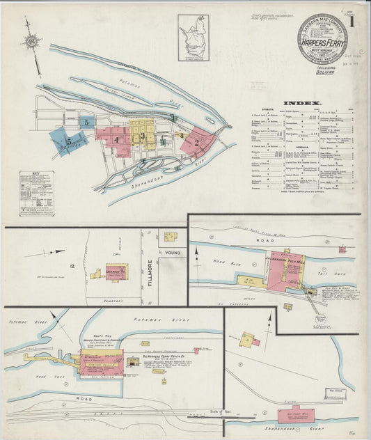 Sanborn Fire Insurance Map from Harpers Ferry, Jefferson County, West Virginia (1912), Sheet #0001 - Historic Sanborn Fire Insurance Map Print, vintage old map wall art, antique decor, genealogy gift, West Virginia West Virginia map