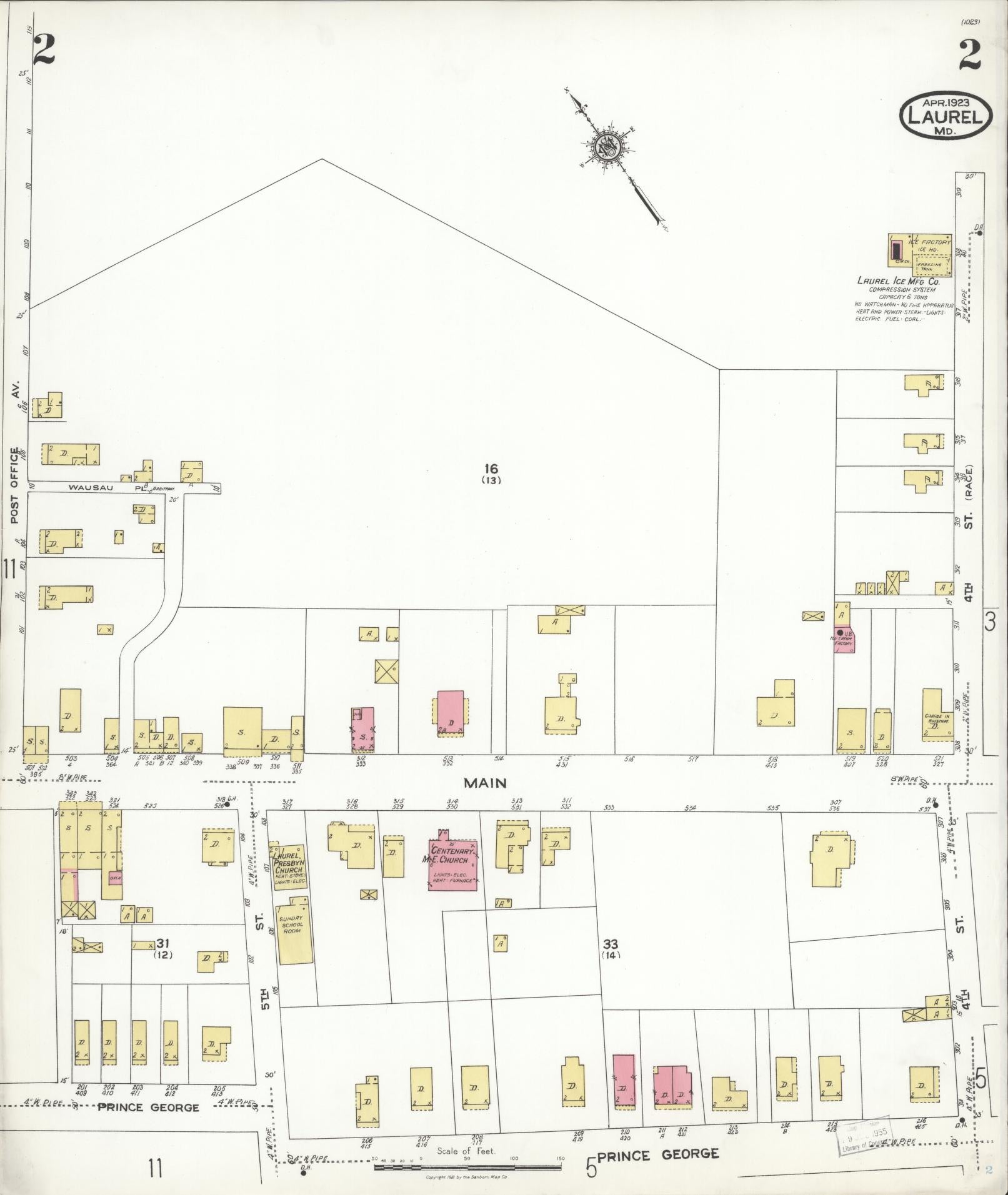 Sanborn Fire Insurance Map from Laurel, Prince Georges County, Maryland (1923), Sheet #0002 - Historic Sanborn Fire Insurance Map Print, vintage old map wall art