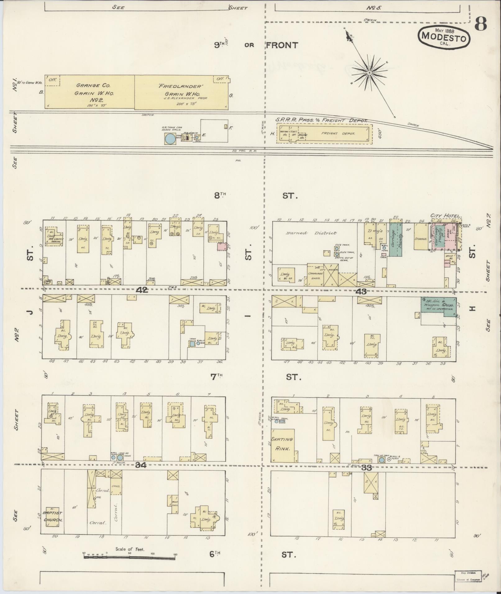 Sanborn Fire Insurance Map from Modesto, Stanislaus County, California (1888), Sheet #0008 - Complete Map Set gallery image, historic Sanborn map, vintage wall art, California California