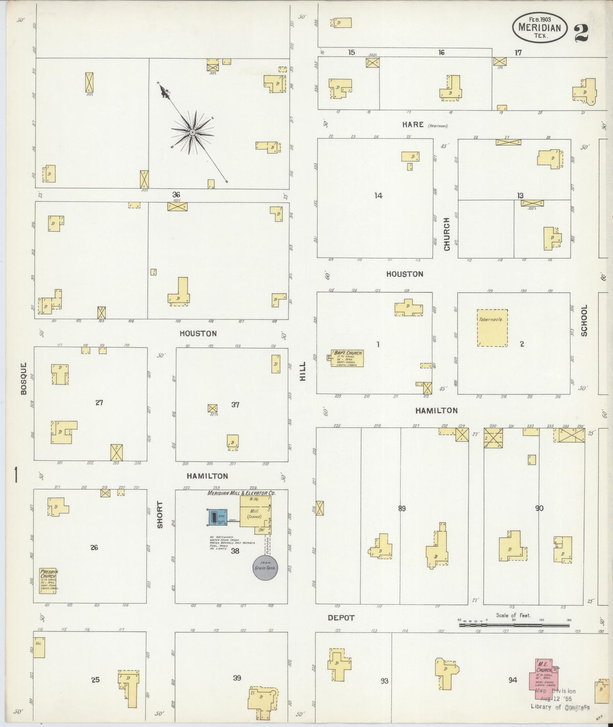 Sanborn Fire Insurance Map from Meridian, Bosque County, Texas (1903), Sheet #0002 - Historic Sanborn Fire Insurance Map Print, vintage old map wall art, antique decor, genealogy gift, Texas Texas map