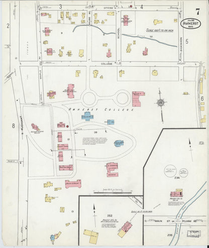 Sanborn Fire Insurance Map from Amherst, Hampshire County, Massachusetts (1916), Sheet #0007 - Historic Sanborn Fire Insurance Map Print, vintage old map wall art, antique decor, genealogy gift, Massachusetts Massachusetts map