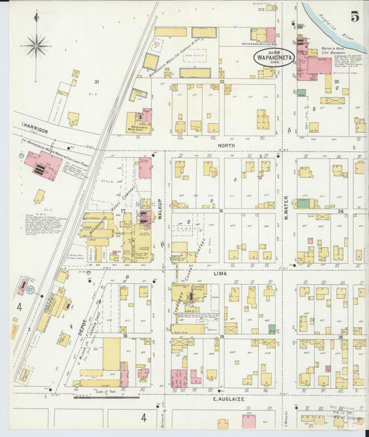 Sanborn Fire Insurance Map from Wapakoneta, Auglaize County, Ohio (1899), Sheet #0005 - Historic Sanborn Fire Insurance Map Print, vintage old map wall art, antique decor, genealogy gift, Ohio Ohio map