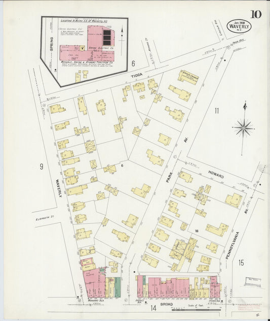 Sanborn Fire Insurance Map from Waverly, Tioga County, New York (1908), Sheet #0010 - Historic Sanborn Fire Insurance Map Print, vintage old map wall art, antique decor, genealogy gift, New York New York map