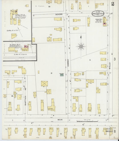 Sanborn Fire Insurance Map from Greenfield, Franklin County, Massachusetts (1896), Sheet #0002 - Historic Sanborn Fire Insurance Map Print, vintage old map wall art, antique decor, genealogy gift, Massachusetts Massachusetts map