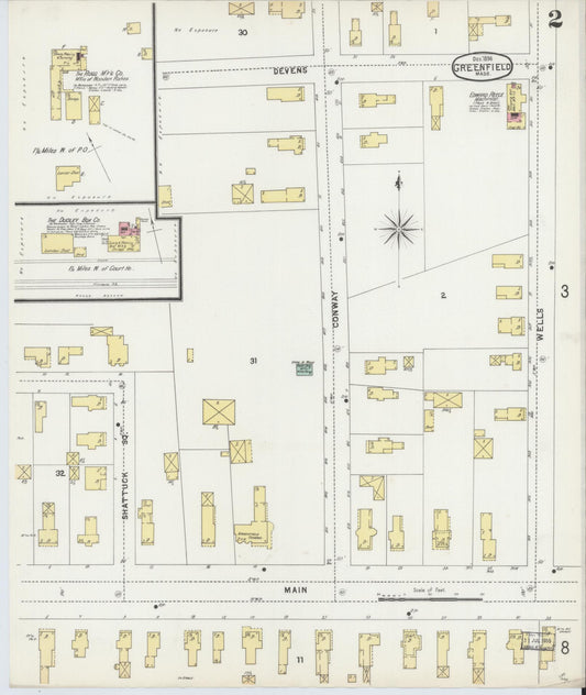 Sanborn Fire Insurance Map from Greenfield, Franklin County, Massachusetts (1896), Sheet #0002 - Historic Sanborn Fire Insurance Map Print, vintage old map wall art, antique decor, genealogy gift, Massachusetts Massachusetts map