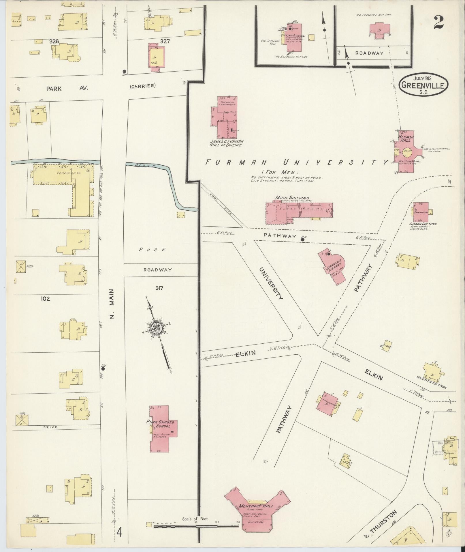 Sanborn Fire Insurance Map from Greenville, Greenville County, South Carolina (1913), Sheet #0002 - Historic Sanborn Fire Insurance Map Print, vintage old map wall art, antique decor, genealogy gift, South Carolina South Carolina map