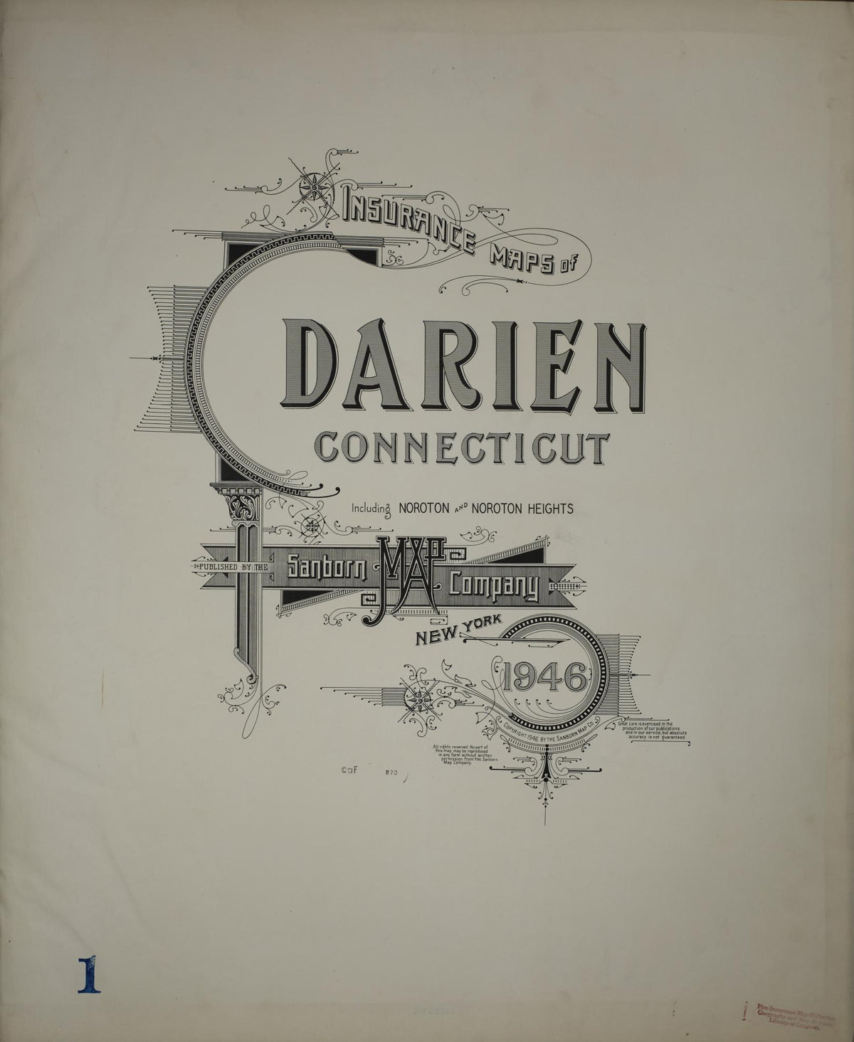 Sanborn Fire Insurance Map from Darien, Fairfield County, Connecticut (1946), Sheet #0001 - Historic Sanborn Fire Insurance Map Print, vintage old map wall art, antique decor, genealogy gift, Connecticut Connecticut map